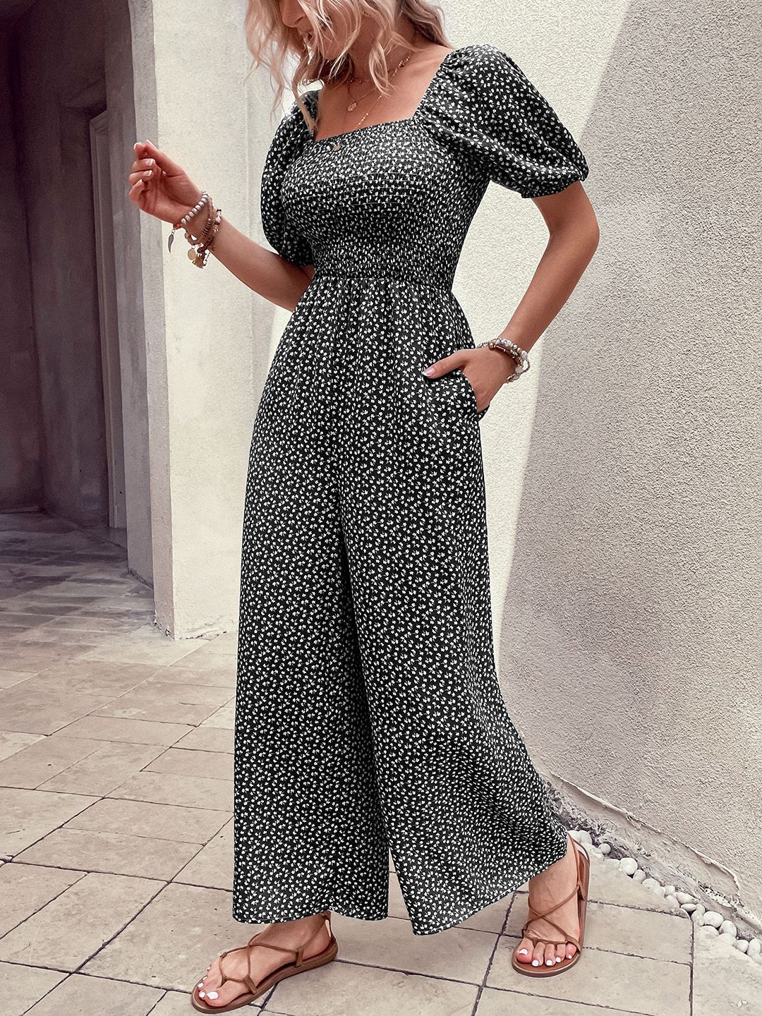 DressBerry Smocked Floral Printed Basic Jumpsuit deal from myntra
