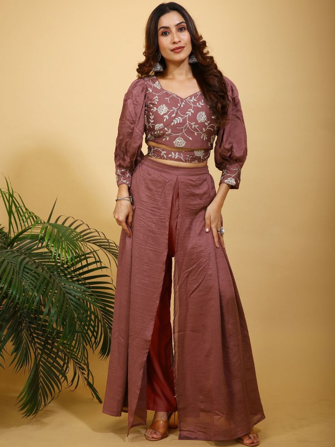 SANCIA Floral Embroidered Sweetheart Neck Crop Top With Palazzos