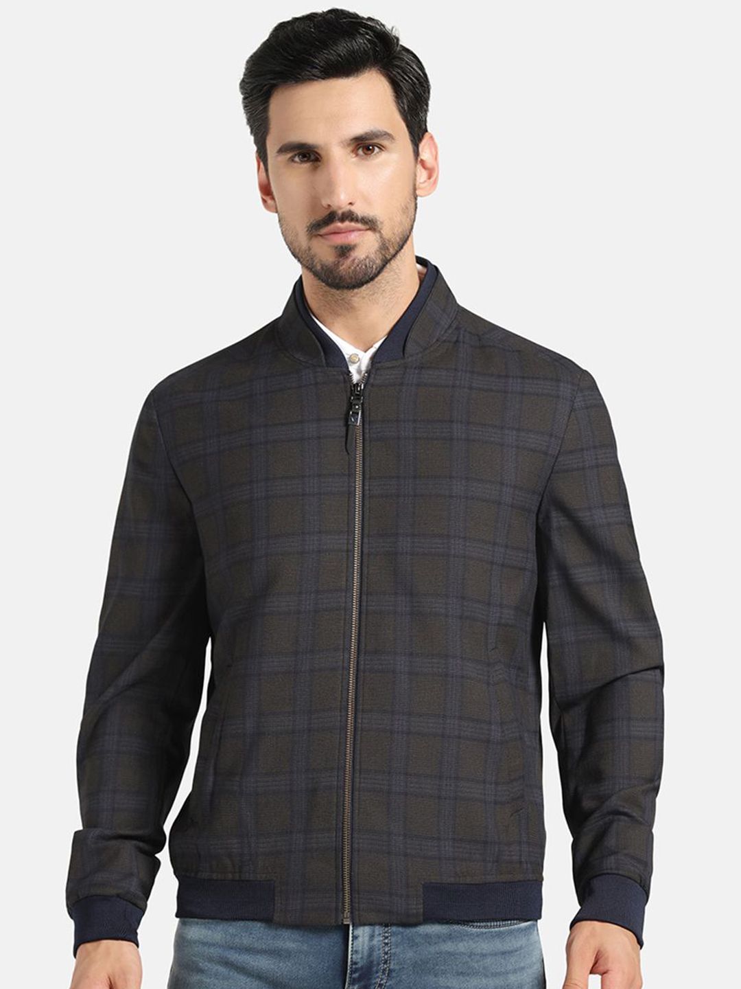 Blackberrys Men Stand Collar Checked Casual Bomber Jacket