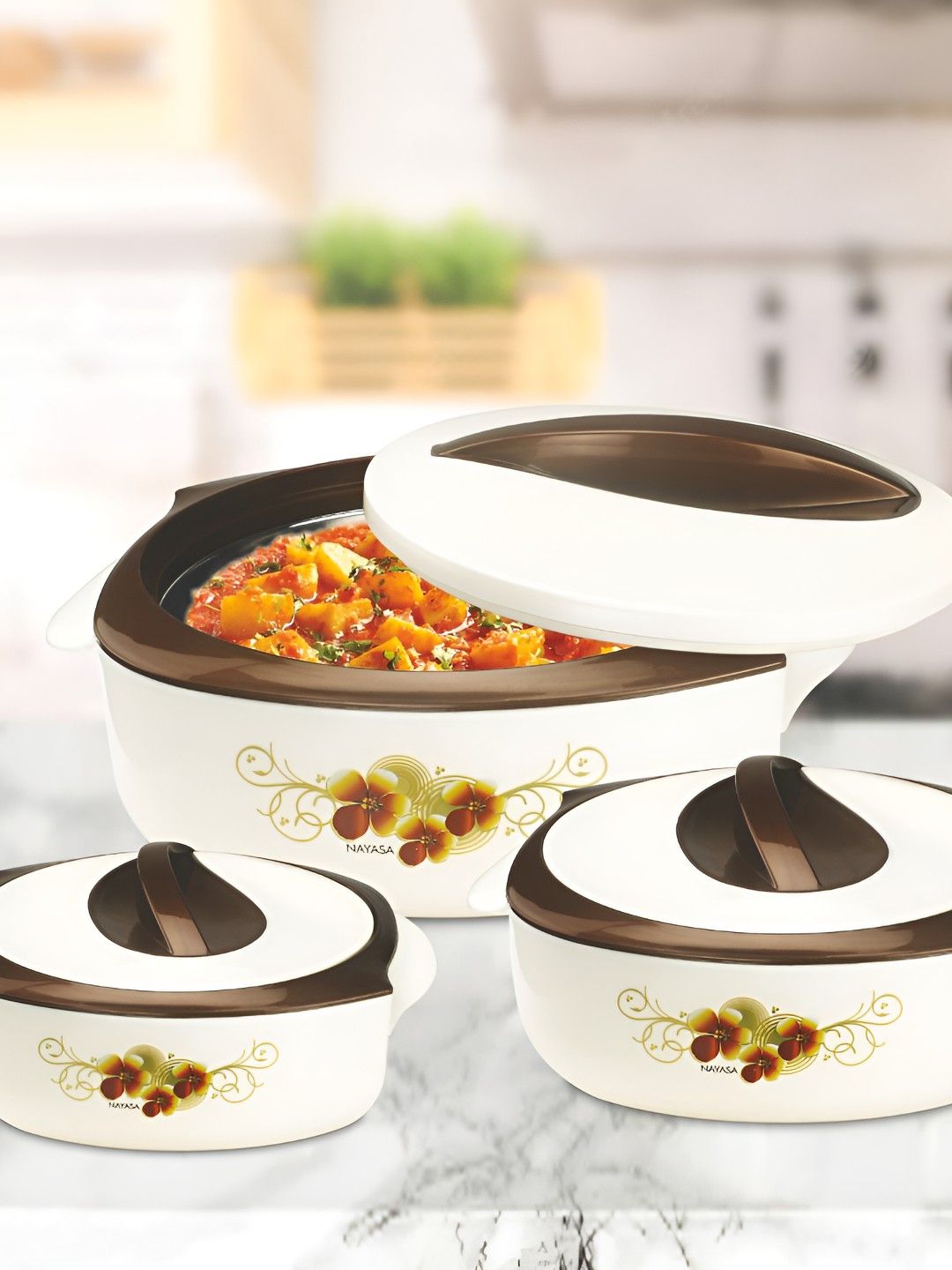 Nayasa Set of 3 Brown Insulated Stainless Steel Casserole