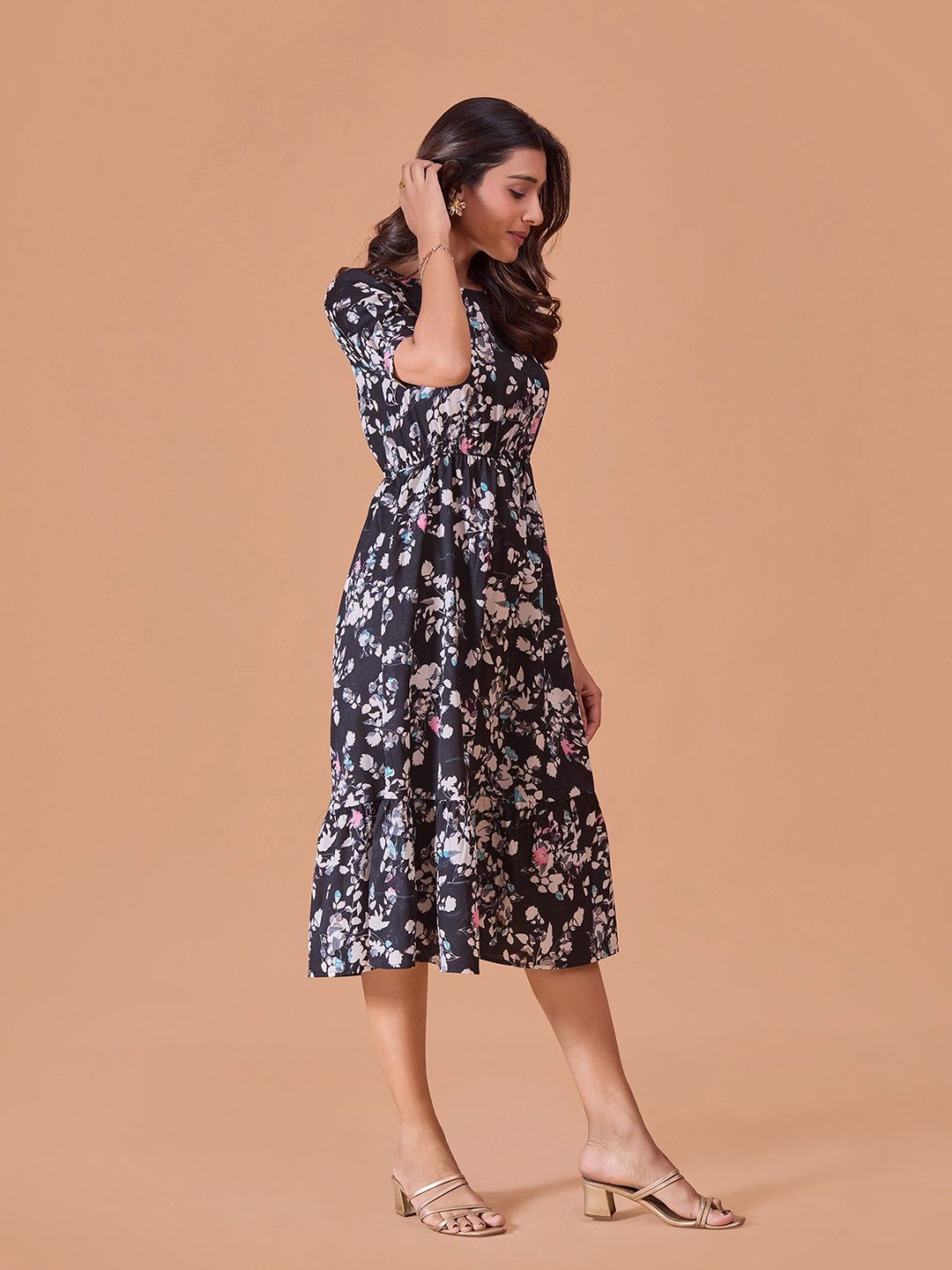 sachin and babi light blue dress Women's Floral Printed Georgette Fit & Flare Midi Dress
