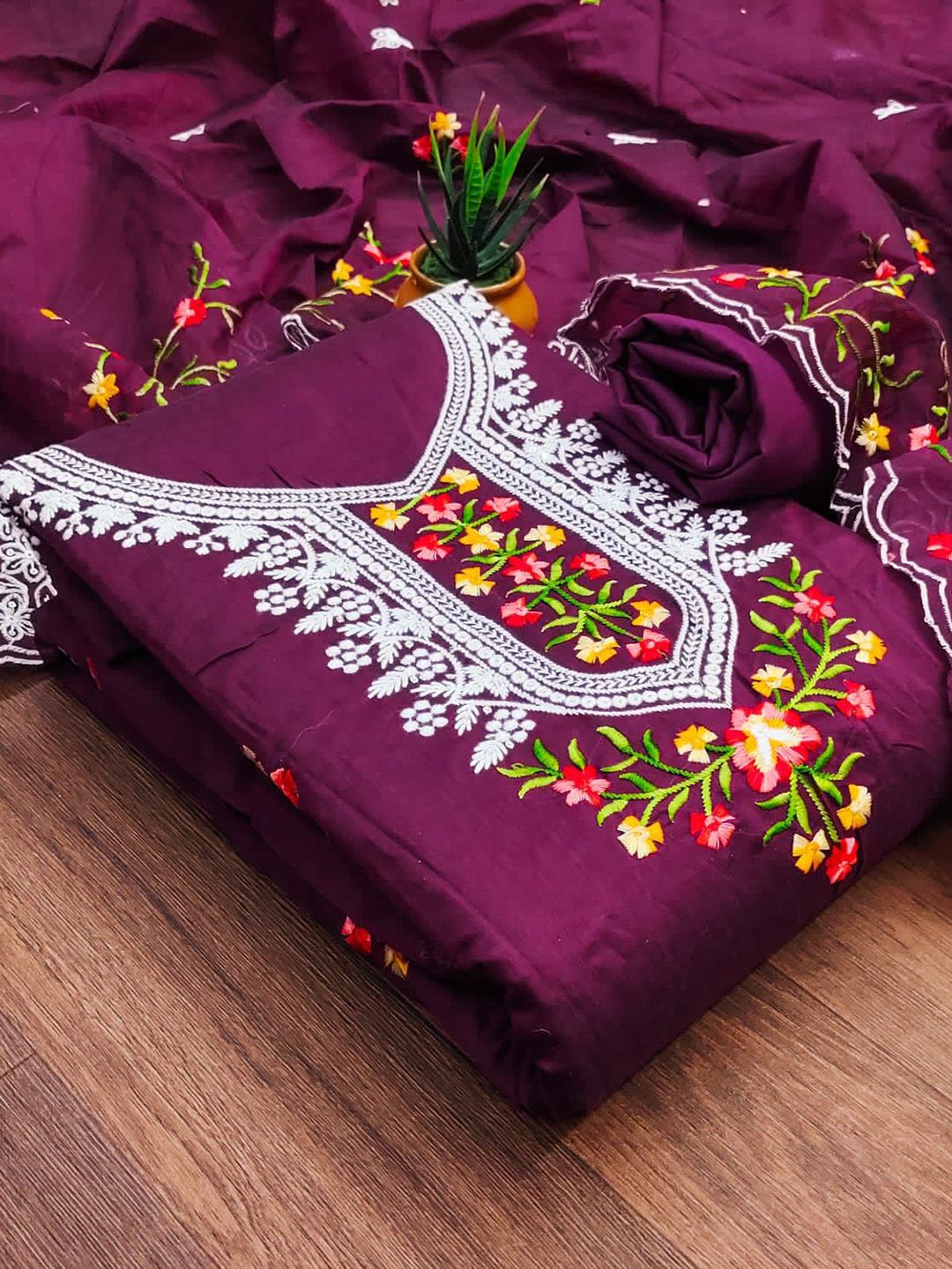 HMP Fashion Floral Embroidered Jacquard Chanderi Unstitched Dress Material