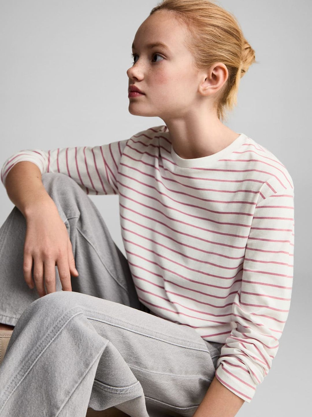Mango Kids Girls Striped Drop-Shoulder Sleeves Pure Cotton T-shirt