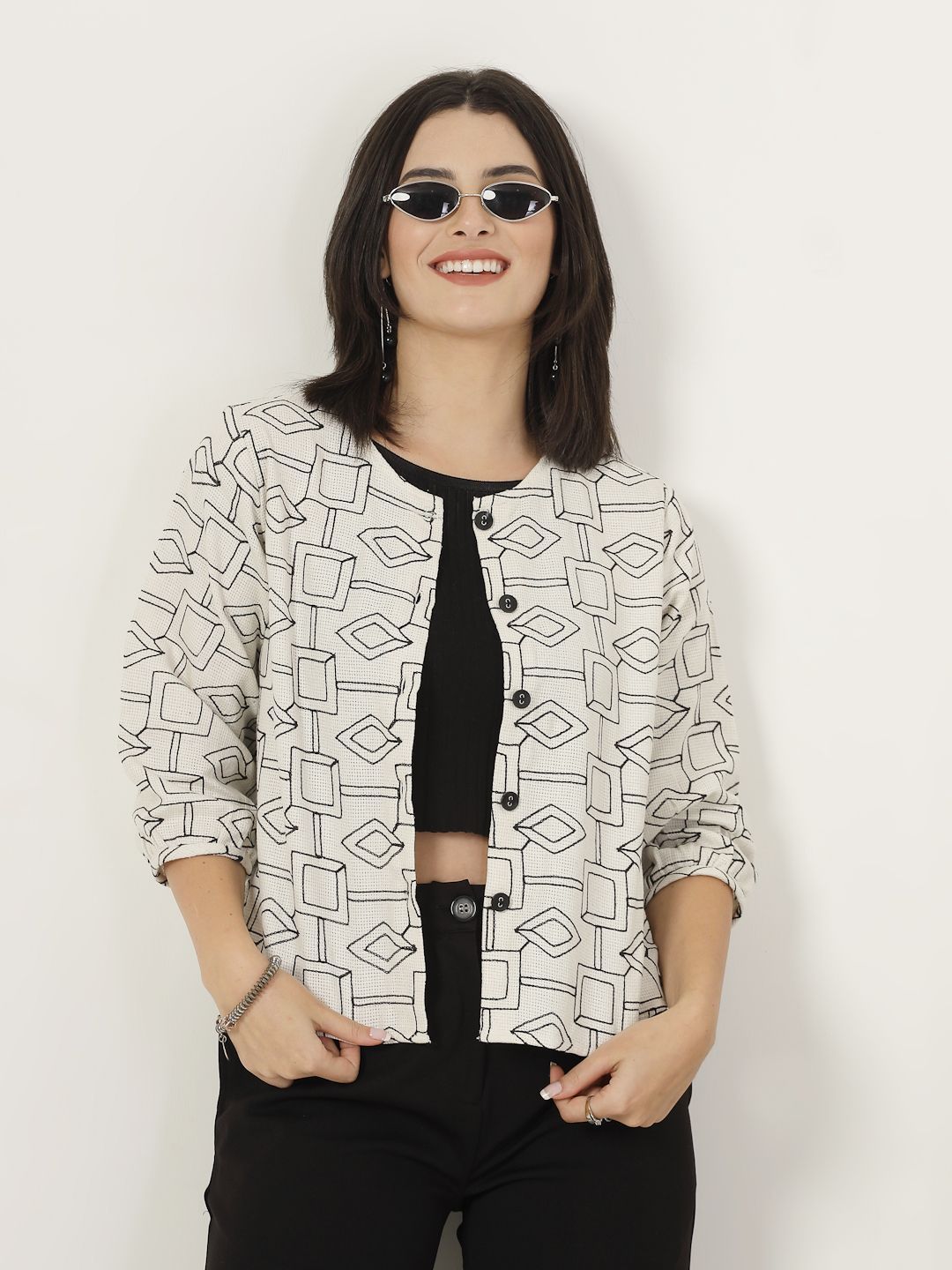Style Quotient Geometric Printed Cotton Crop Open Front Shrug