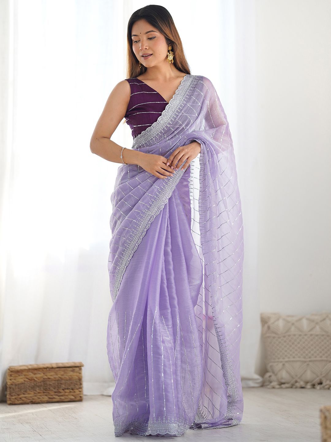 Buy Satrani Striped Sequinned Pure Chiffon Saree - Sarees for