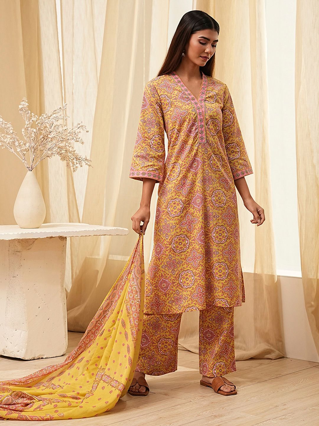 Biba Biba Women Floral Printed Regular Pure Cotton Kurta with Palazzos & With Dupatta