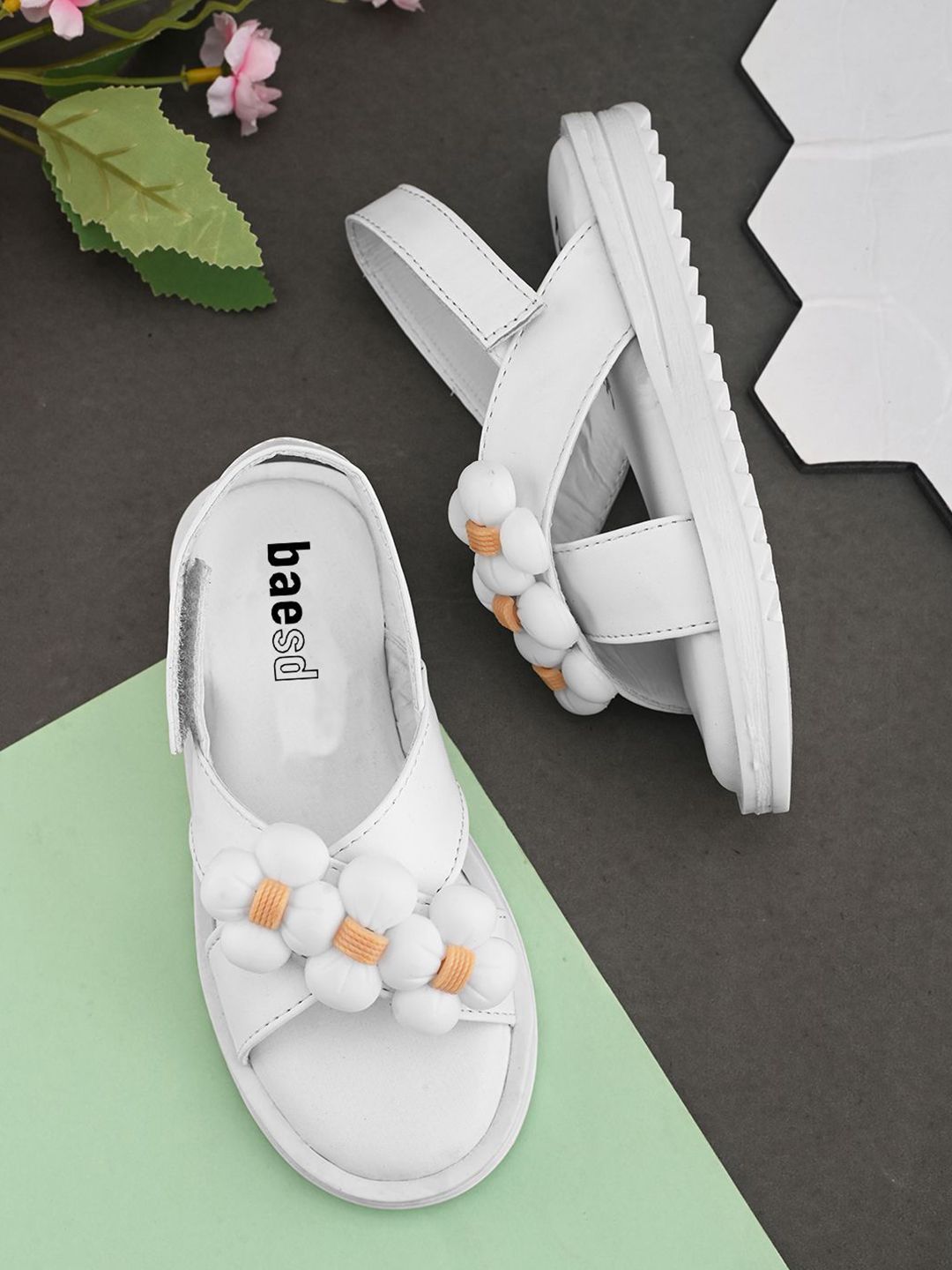 BAESD Girls Textured Velcro Open Toe Flats