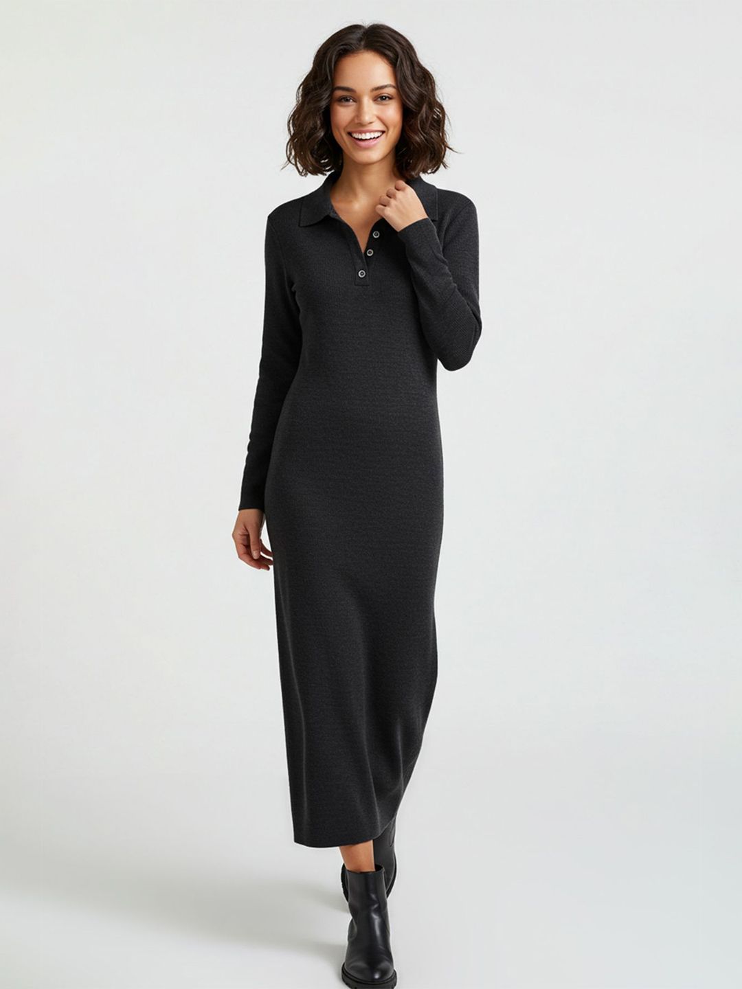 Trendyol Shirt Collar Long Sleeves T-shirt Midi Dress