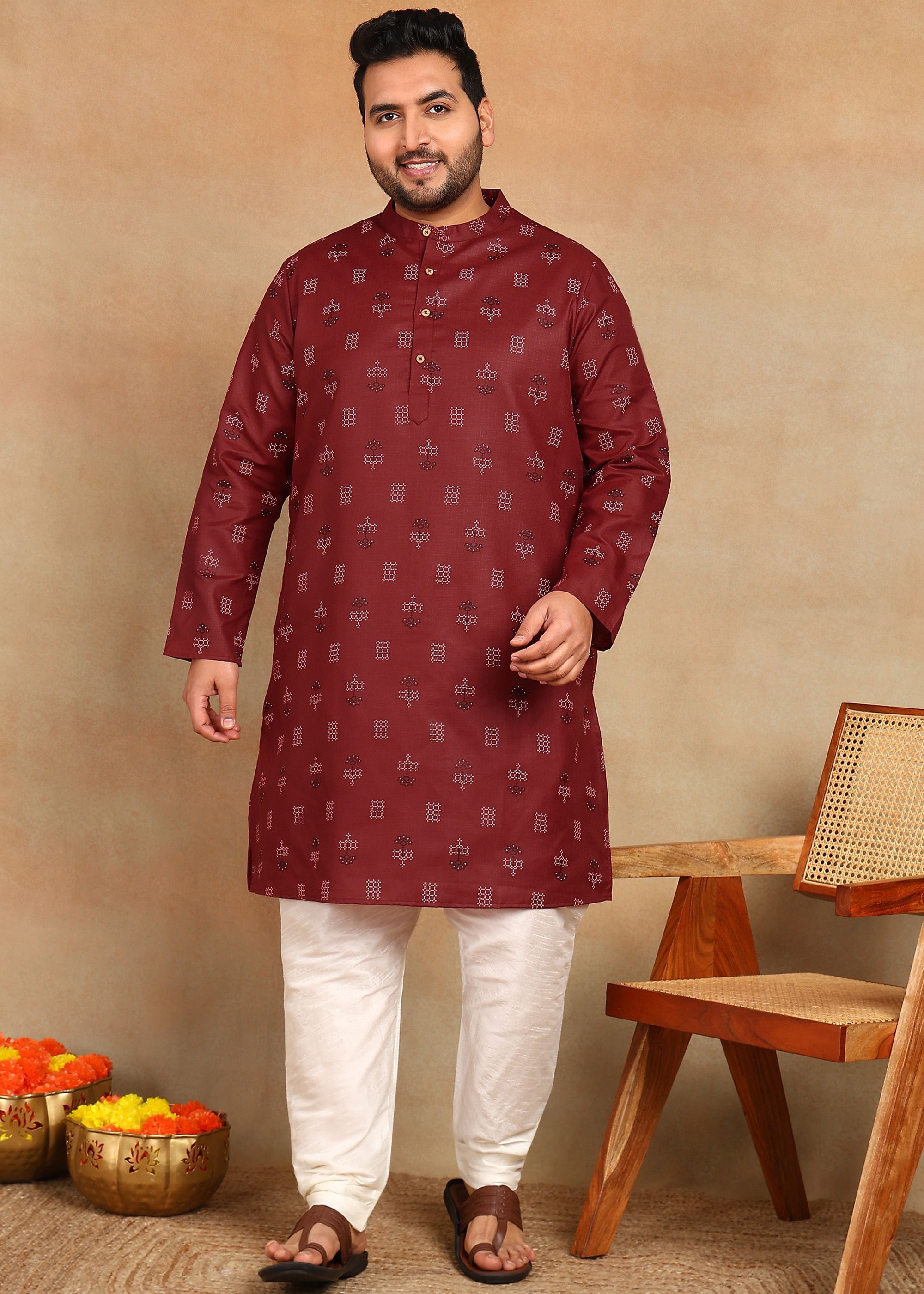Sztori Plus Size Woven Design Geometric Printed Mandarin Collar Straight Kurta