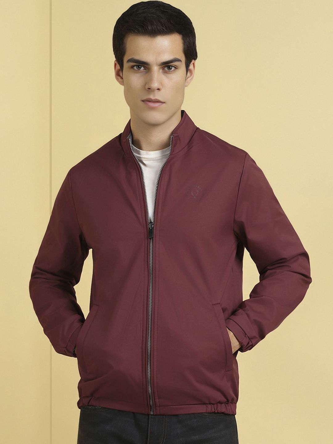 Allen Solly Men Stand Collar Solid Casual Reversible Bomber Jacket