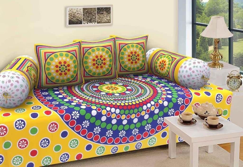 Bajo's 6Pcs Yellow & Blue Printed Cotton Diwan Set
