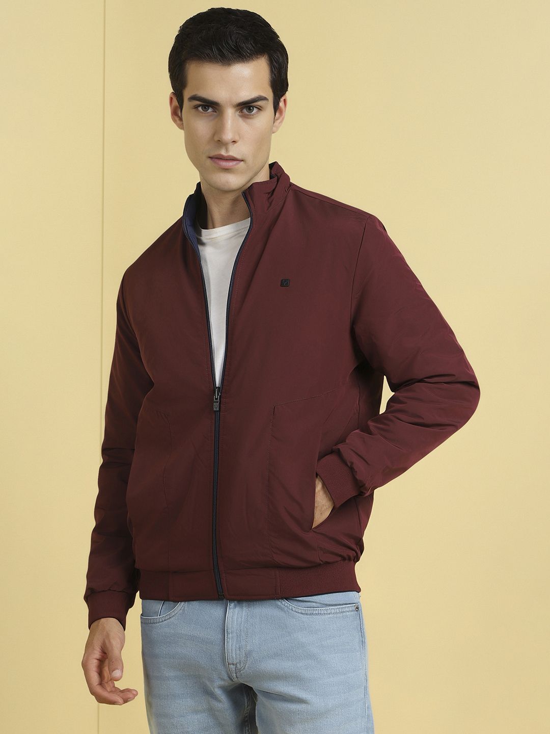 Allen Solly Men Stand Collar Solid Casual Reversible Bomber Jacket