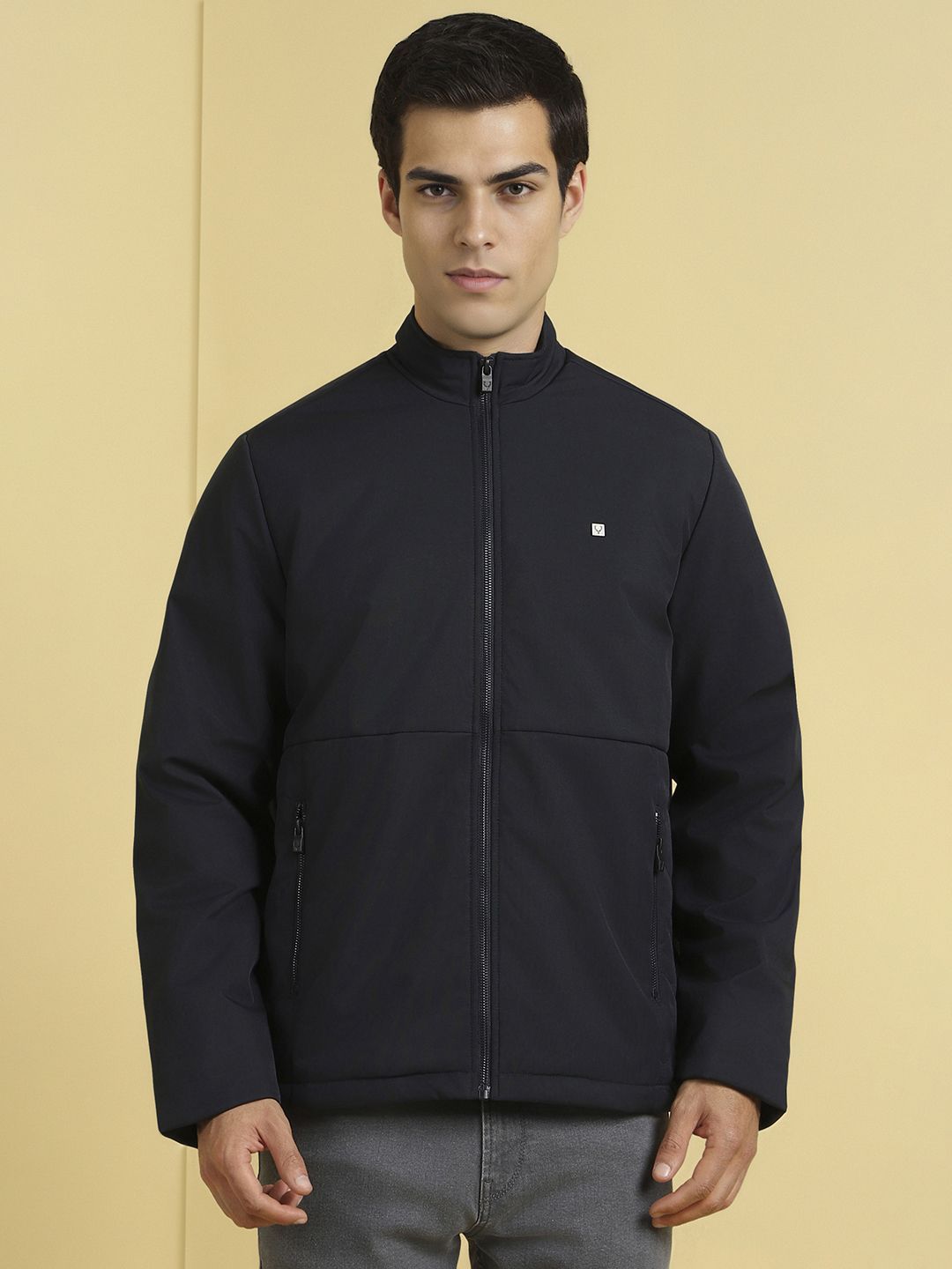 Allen Solly Men Stand Collar Solid Casual Bomber Jacket