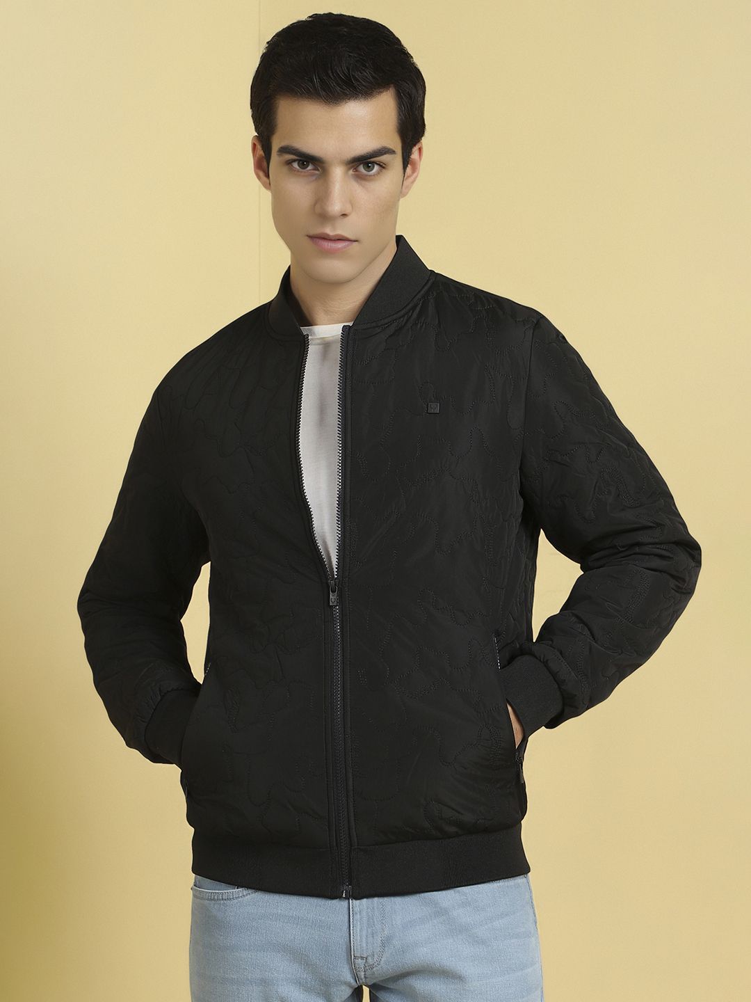 Allen Solly Men Stand Collar Solid Casual Bomber Jacket