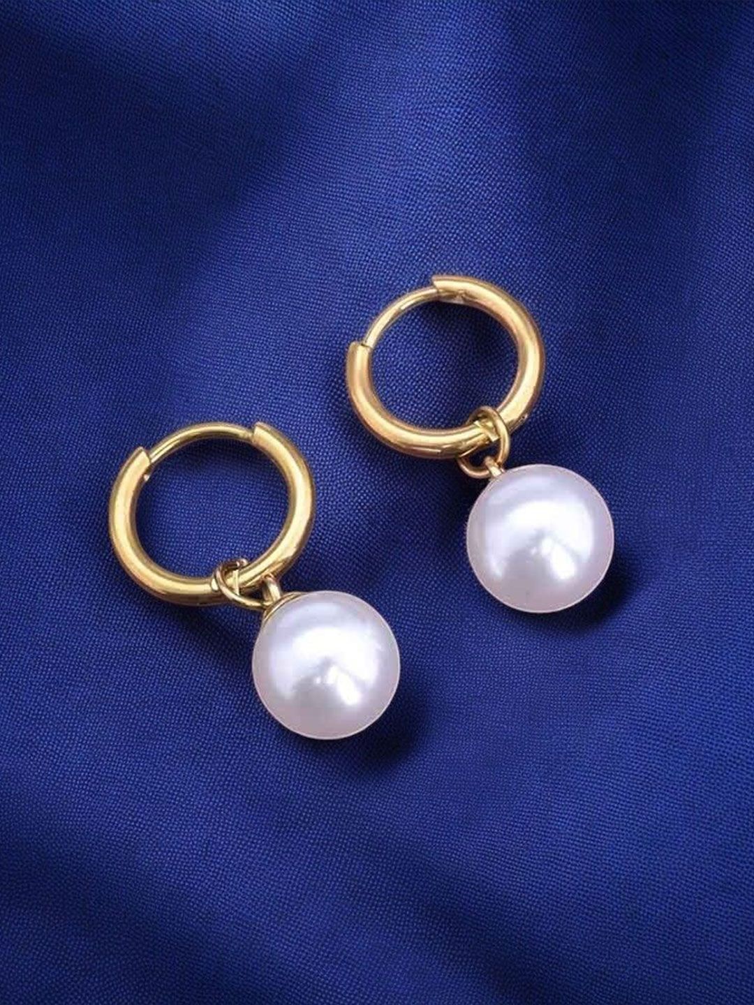 18k Gold Plated Hoop Earrings PALMONAS 18k Gold Plated Pearls Studded Contemporary Stainless Steel Hoop Earrings