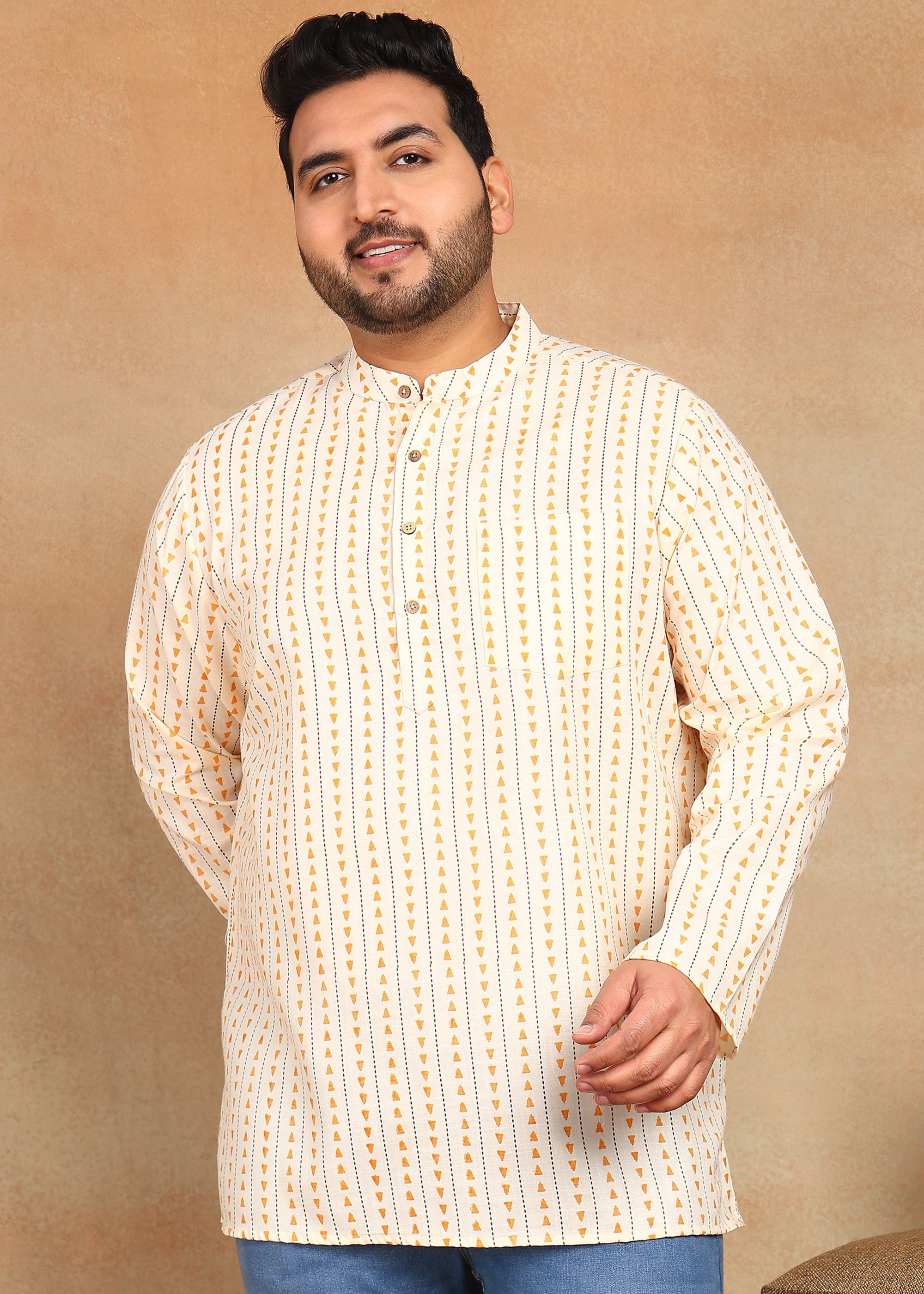 Sztori Plus Size Geometric Printed Mandarin Collar Straight Short Kurta