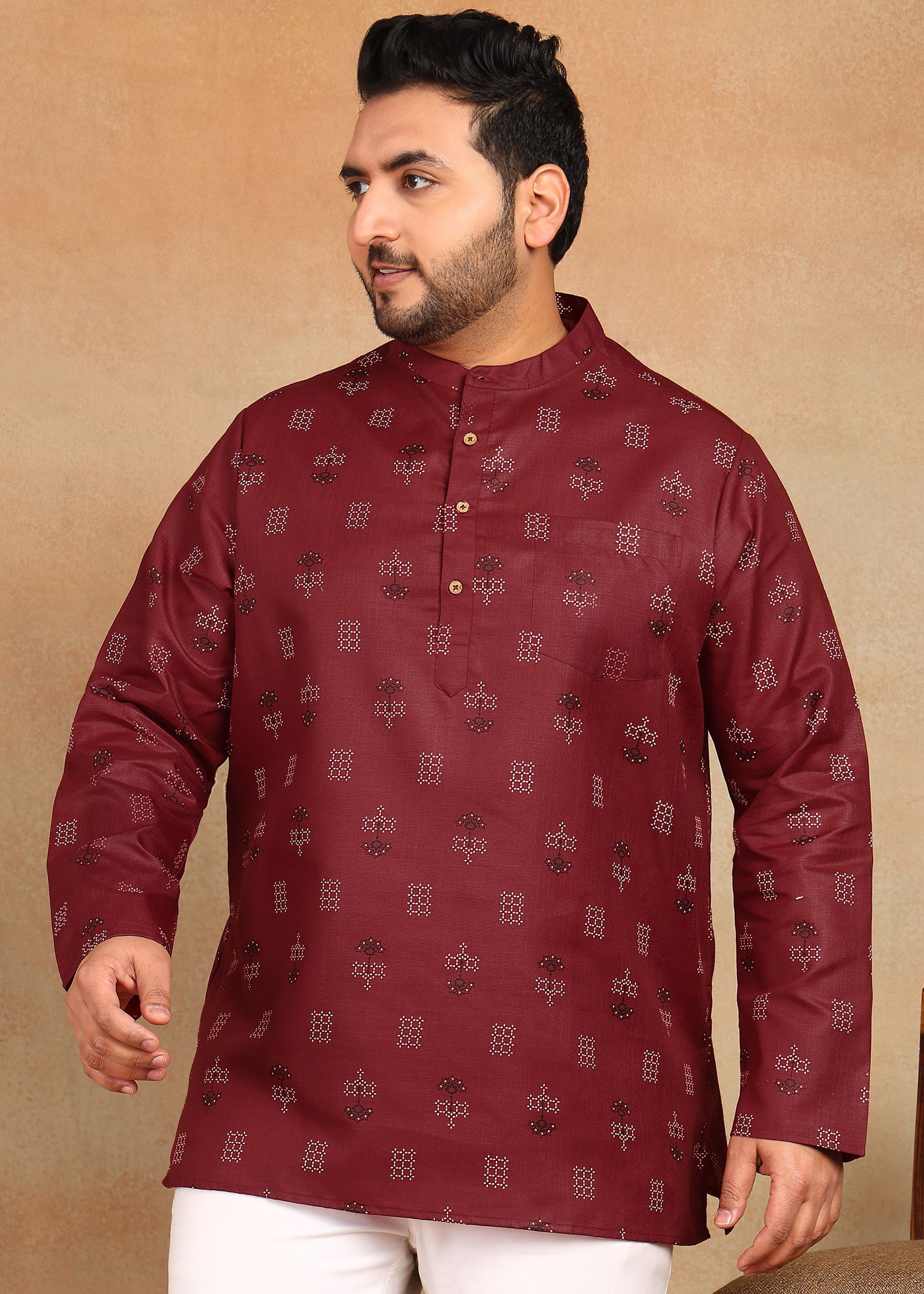 Sztori Plus Size Ethnic Motifs Printed Band Collar Thread Work Straight Short Kurtas