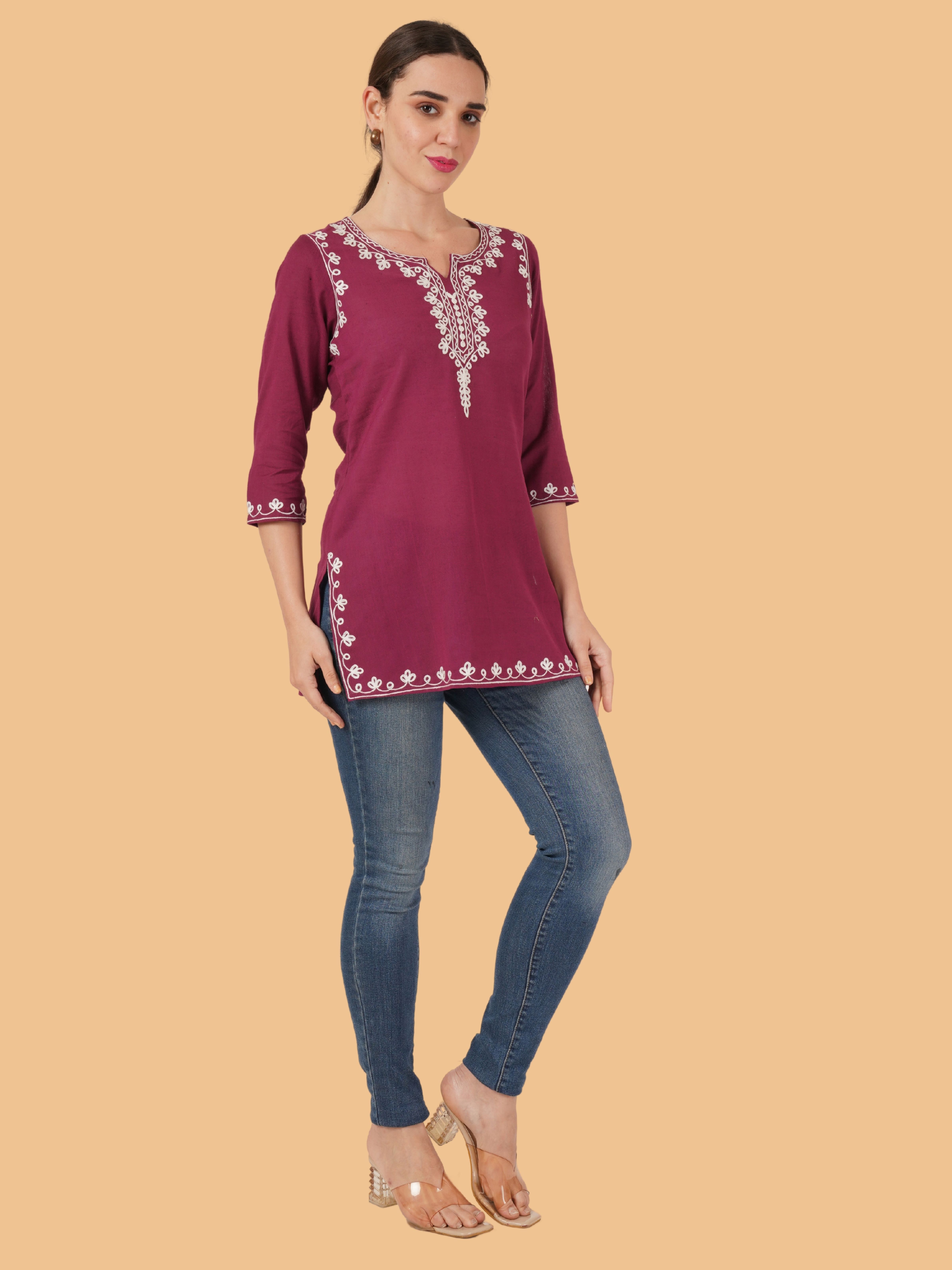 Brownverse Floral Embroidered Notch Neck Pure Cotton Straight Kurti