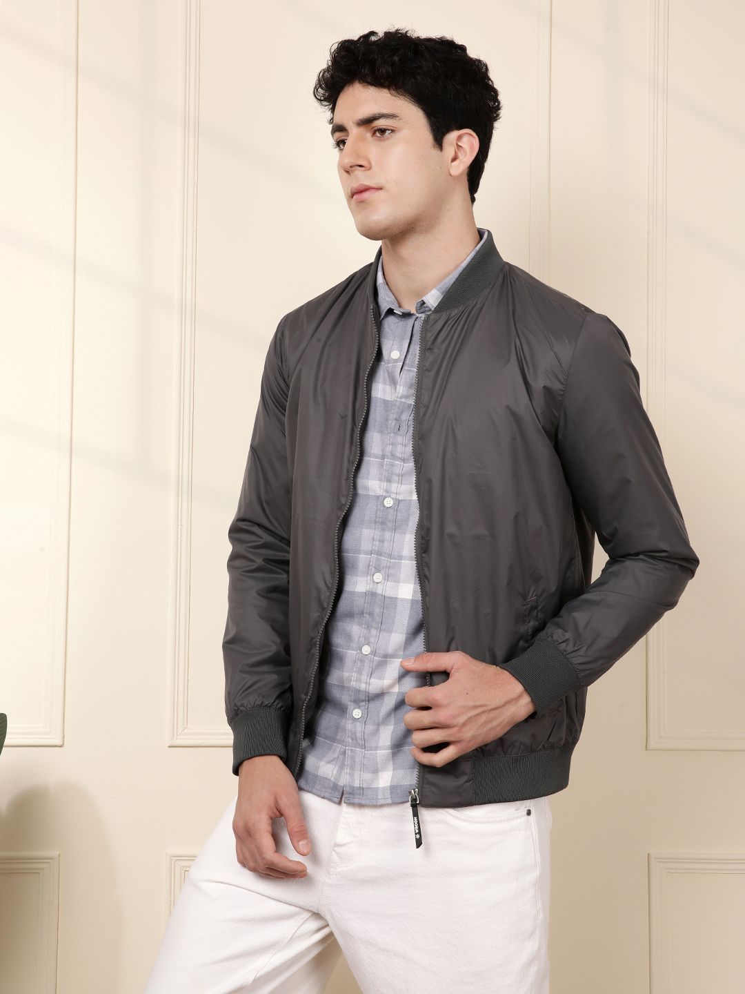 WROGN Men Stand Collar Solid Casual Bomber Jacket