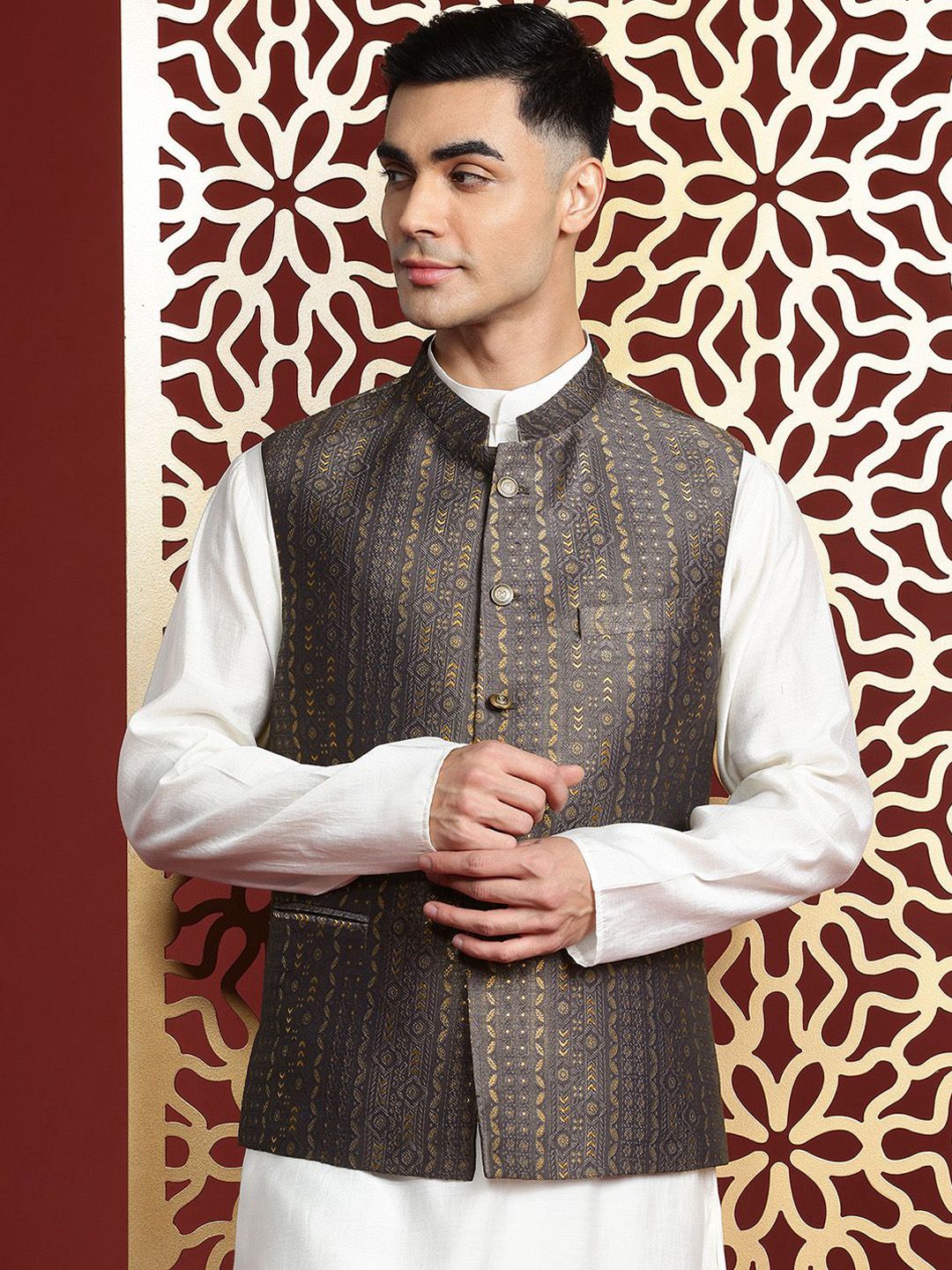 MANQ Ethnic Motifs Woven Design Nehru Jacket