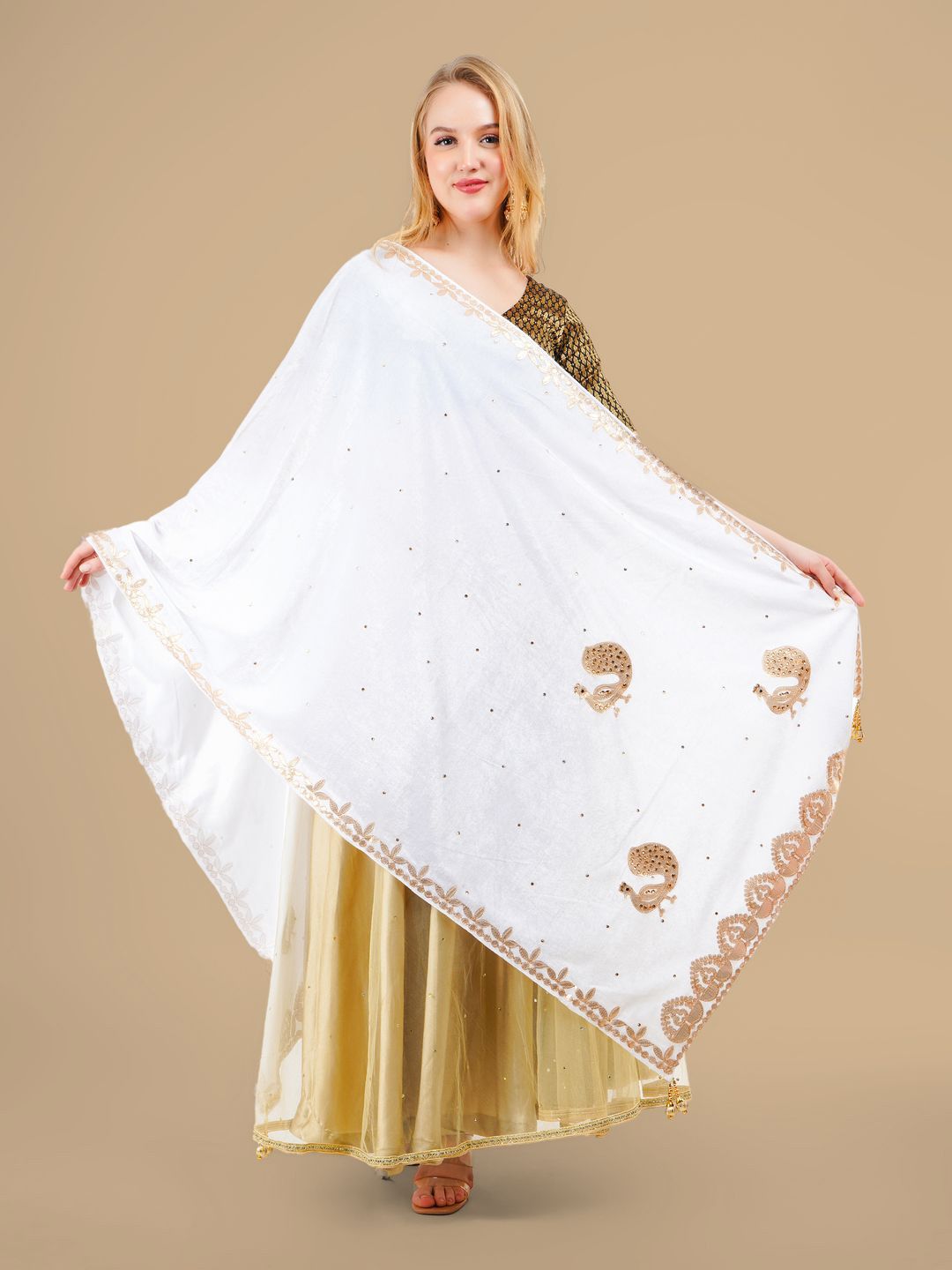 Karthav Fashion Ethnic Motifs Embroidered Velvet Dupatta With Gotta Patti