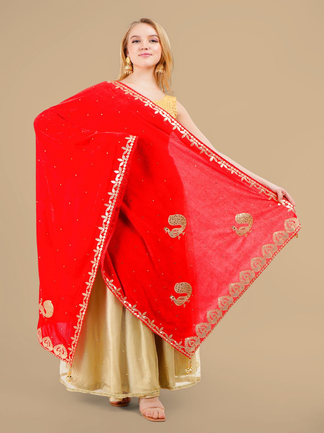 Karthav Fashion Ethnic Motifs Embroidered Velvet Dupatta With Gotta Patti
