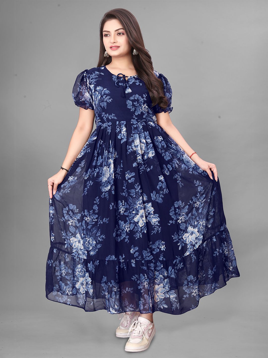 QENA Floral Printed Puff Sleeve Georgette Fit and Flare Maxi Dress