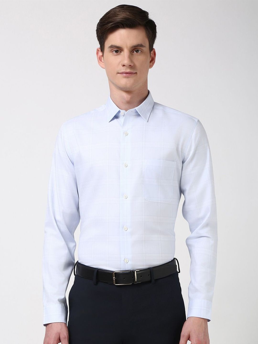 Peter England Elite Men Slim Fit Spread Collar Tartan Checked Cotton Formal Shirt