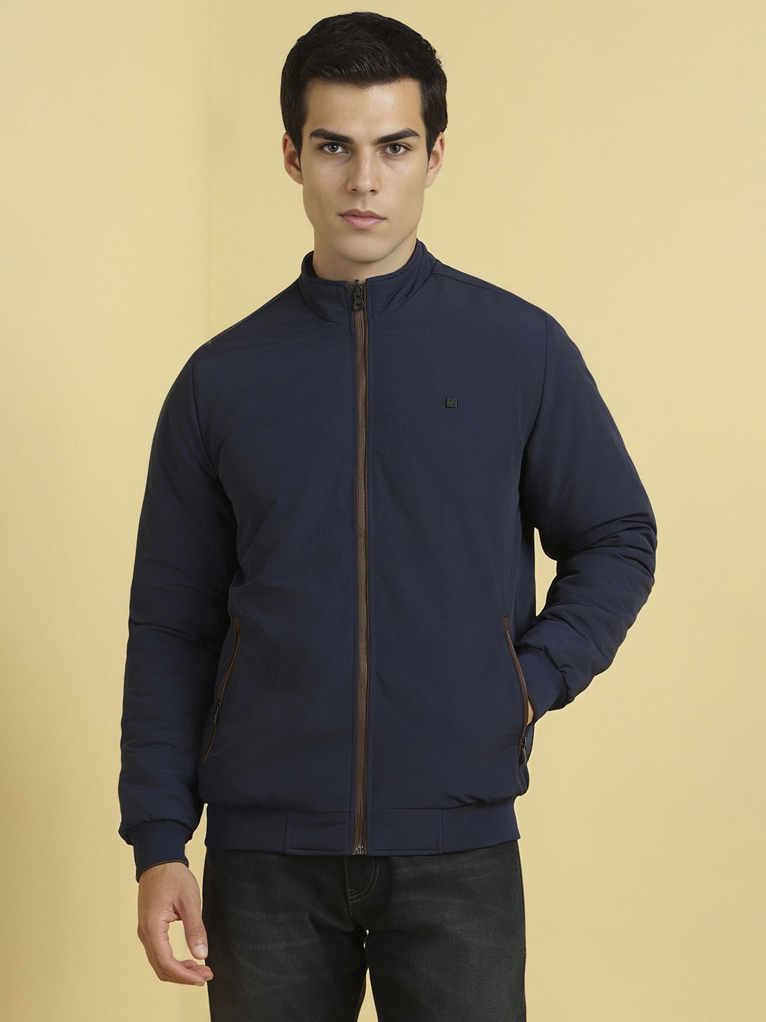 Allen Solly Men Stand Collar Solid Casual Reversible Bomber Jacket