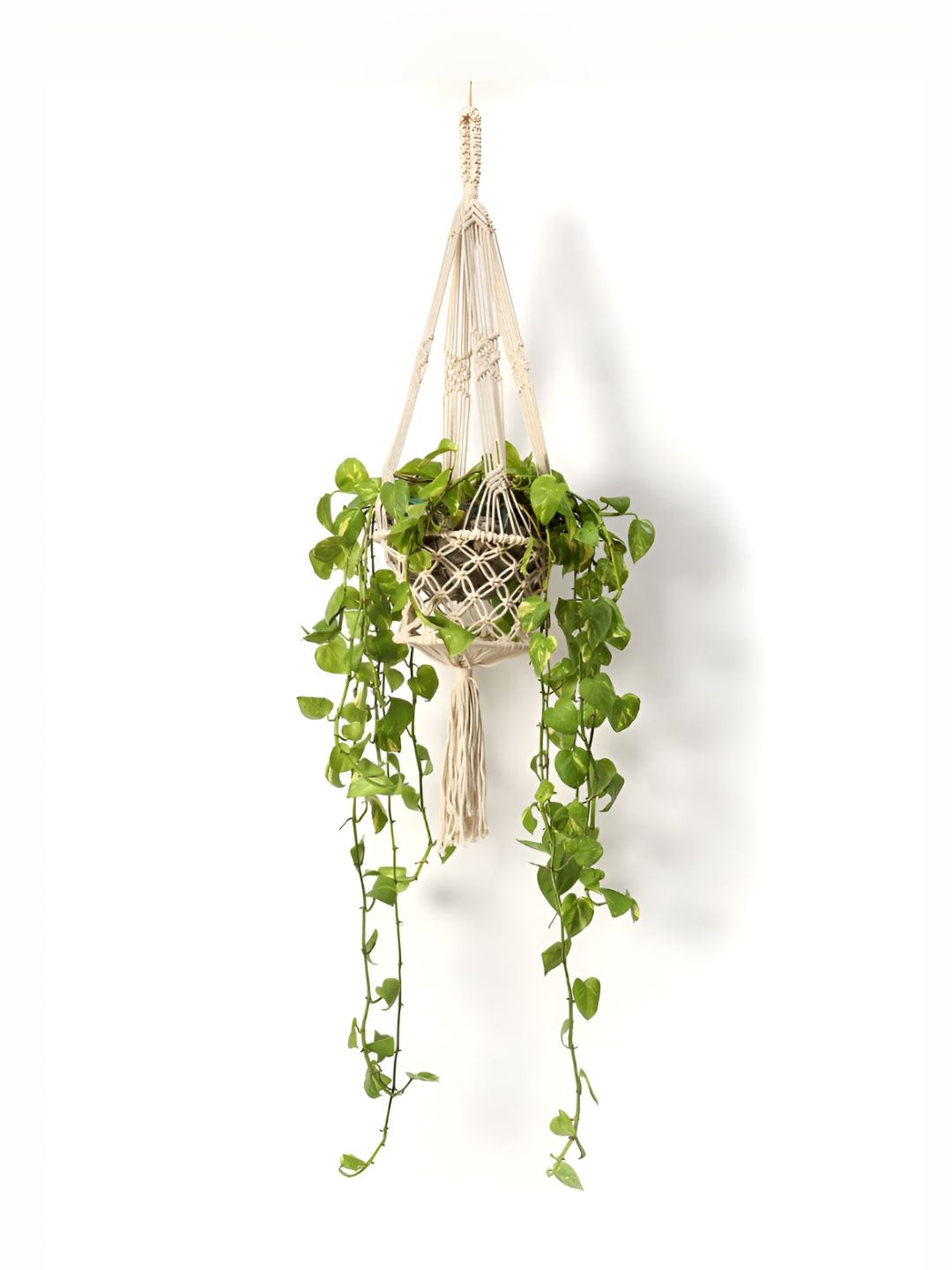 DULI Off White Self Design Boho Macrame Cotton Basket Planter Wall Decor Hanging