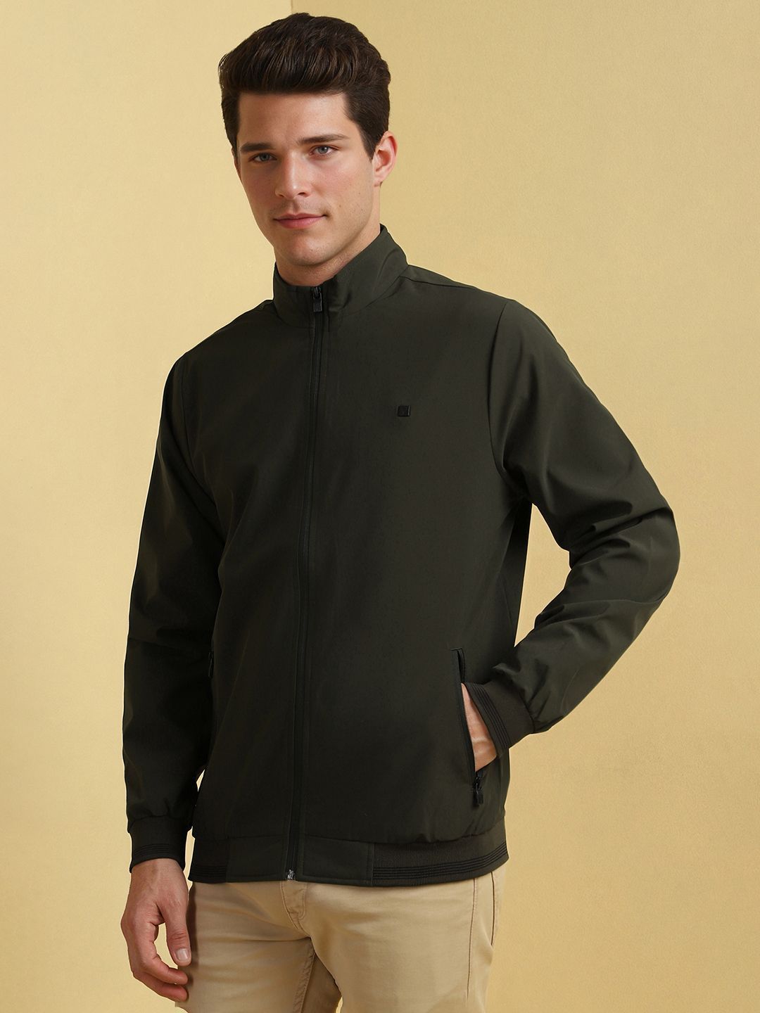 Allen Solly Men Stand Collar Solid Casual Bomber Jacket