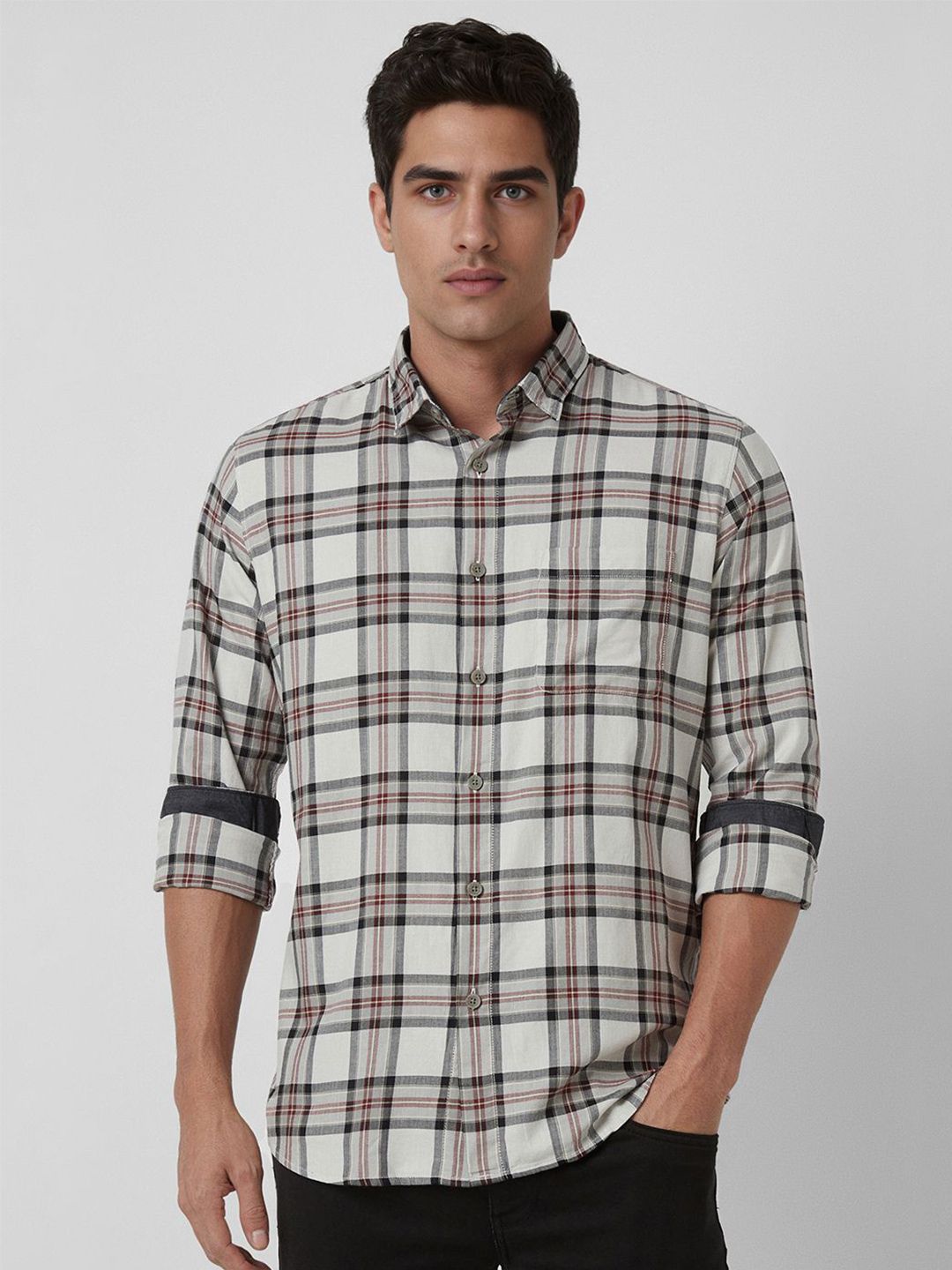 VAN HEUSEN DENIM LABS Men Spread Collar Tartan Checked Cotton Casual Shirt