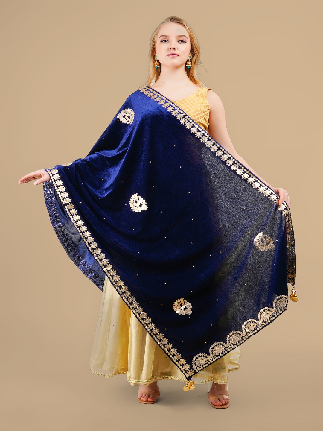 Karthav Fashion Ethnic Motifs Embroidered Velvet Dupatta With Gotta Patti