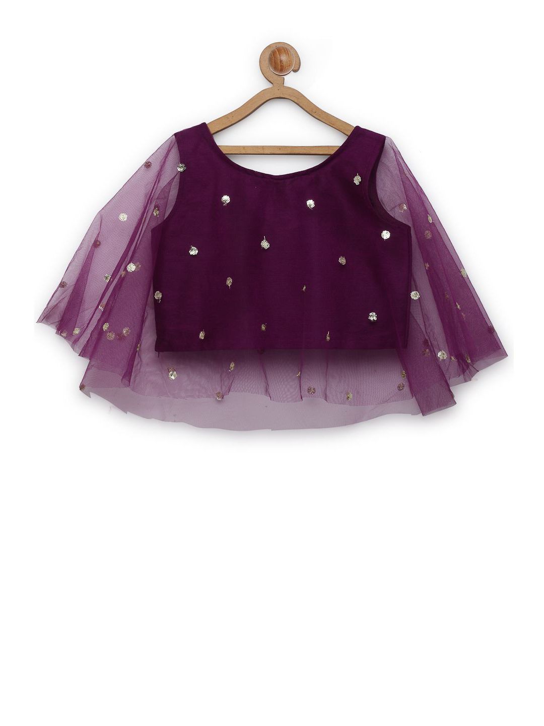 studio rasa Girls Embellished Embroidered Cape Sleeve Net Crop Top