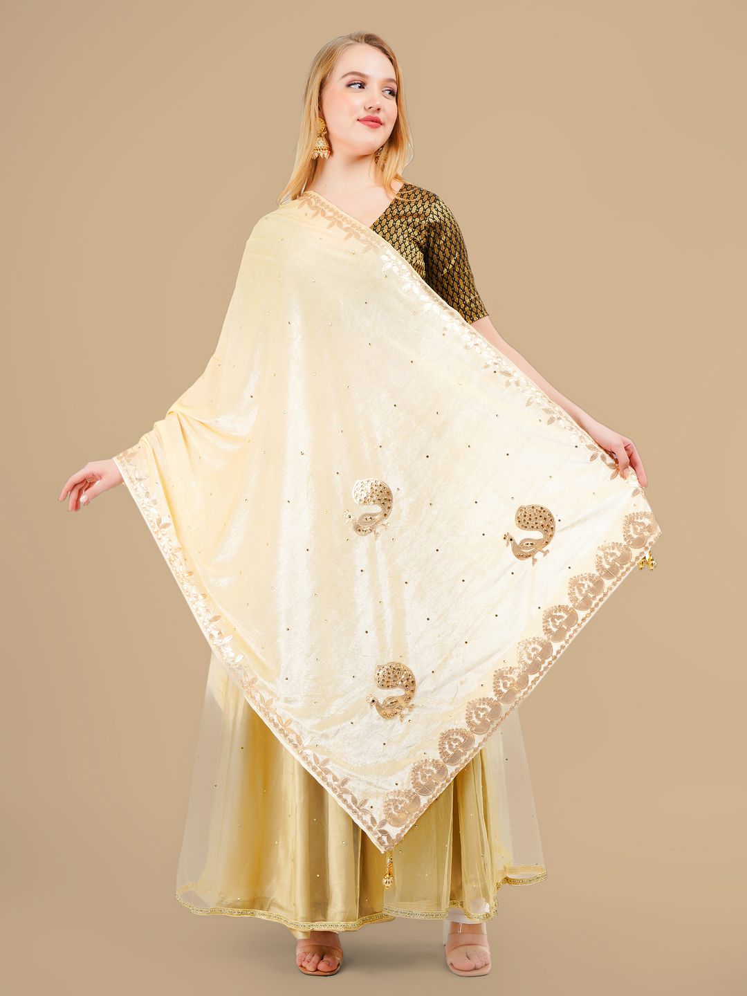Karthav Fashion Ethnic Motifs Embroidered Velvet Dupatta With Gotta Patti