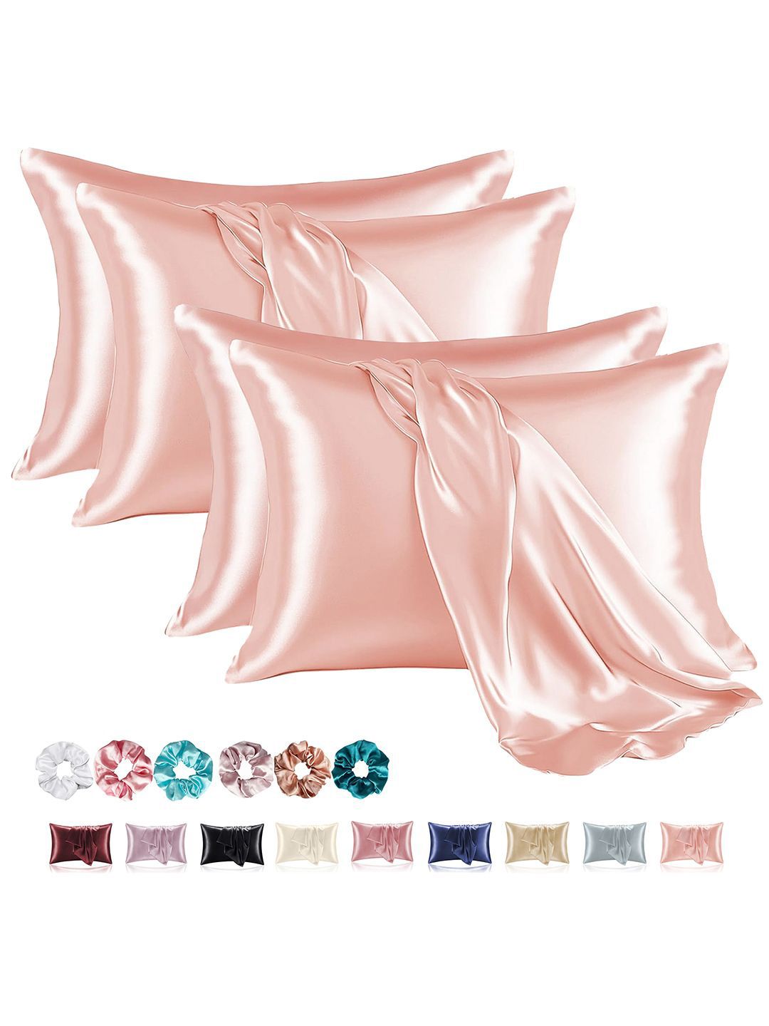 Kuber Industries Kuber Industries Pink 4 Pieces Rectangle Soft Satin Pillow Covers & Scrunchies