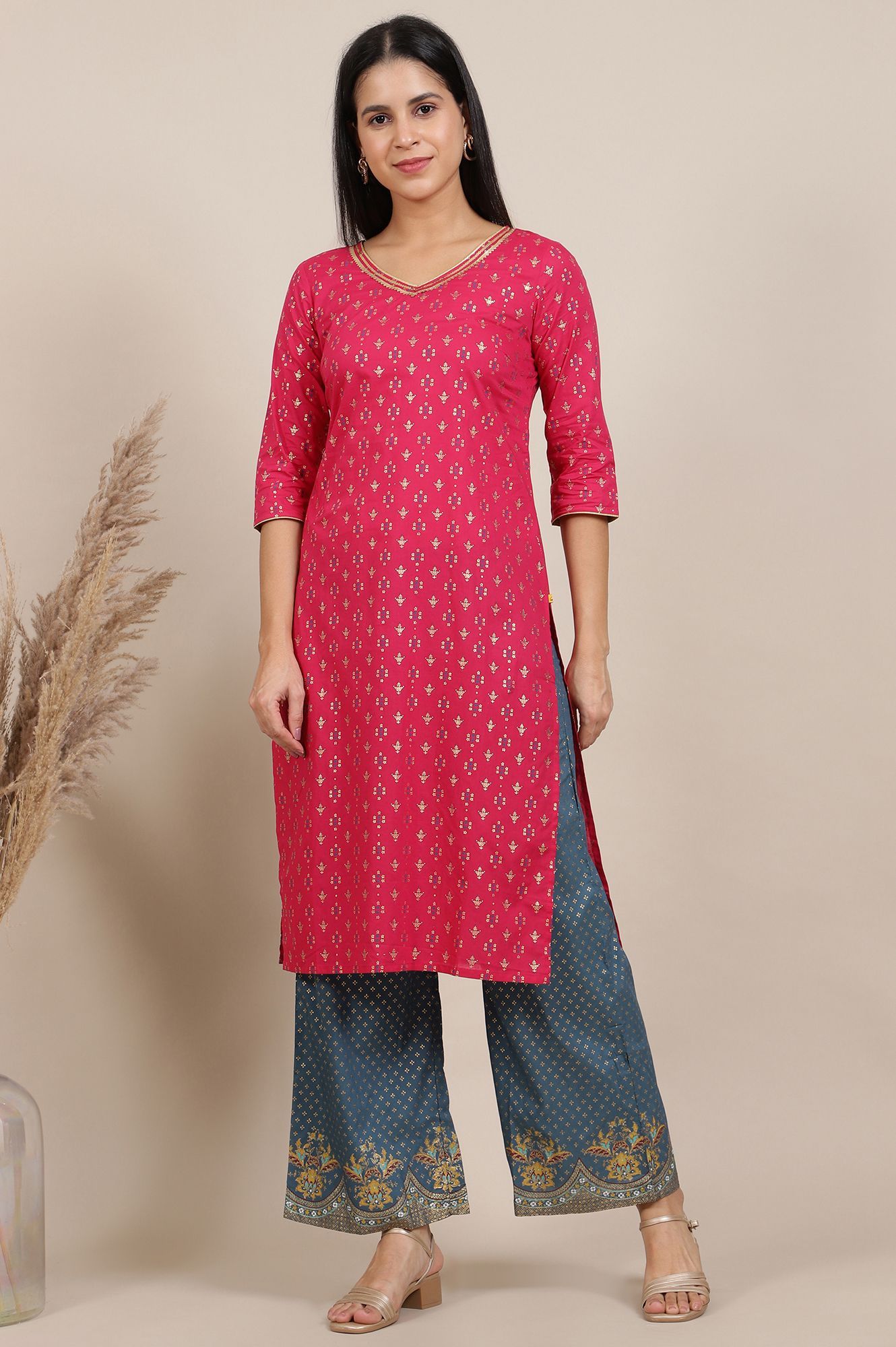 AURELIA AURELIA Ethnic Motifs Printed V-Neck Pure Cotton Straight Kurta With Palazzo