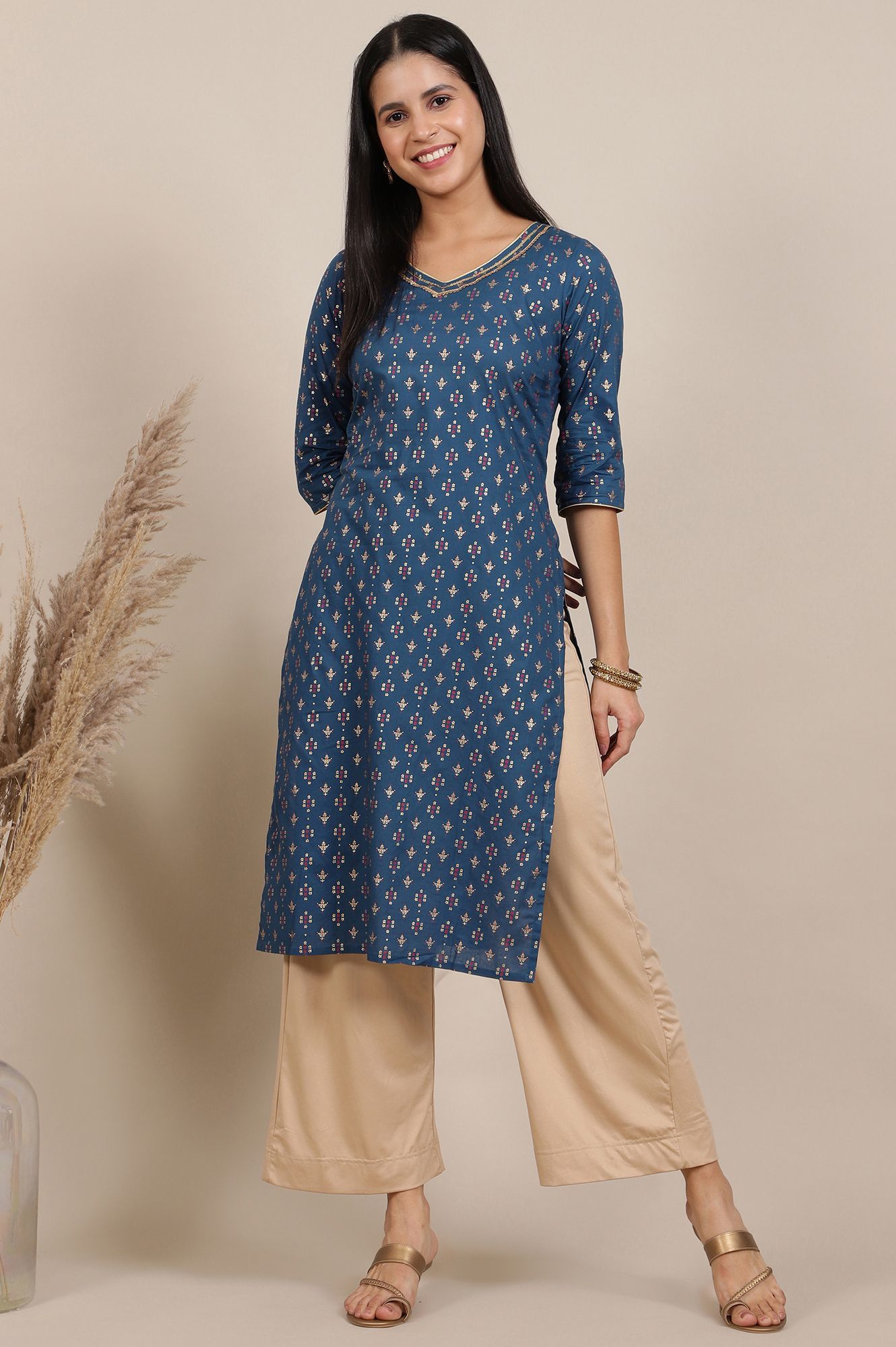 AURELIA AURELIA Ethnic Motifs Printed V-Neck Pure Cotton Kurta With Palazzo