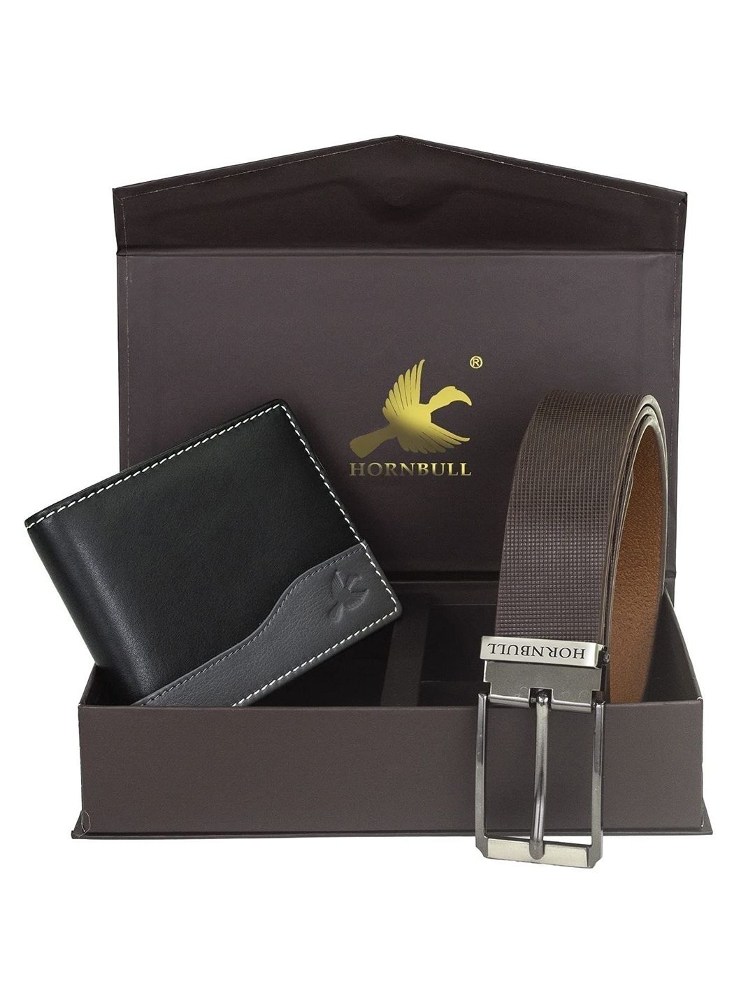 Hornbull Men Leather RFID Protected Black Wallet & Brown Belt Accessory Gift Set