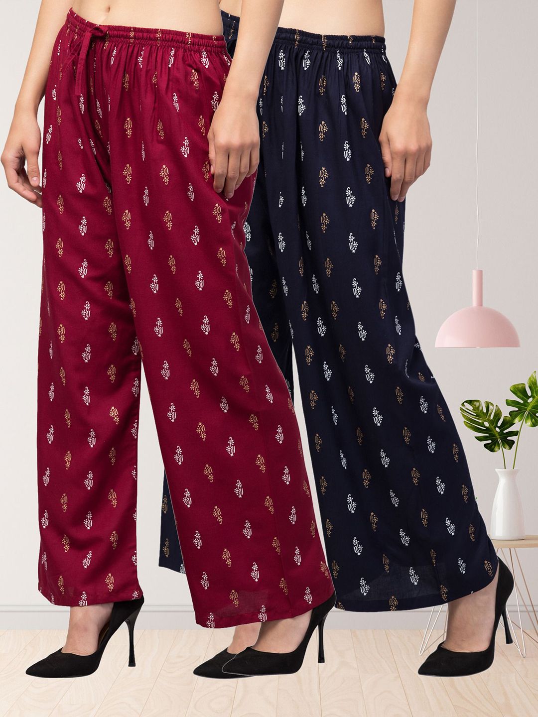FAMBEE FAMBEE Women 2 Floral Printed Flared Knitted Palazzos