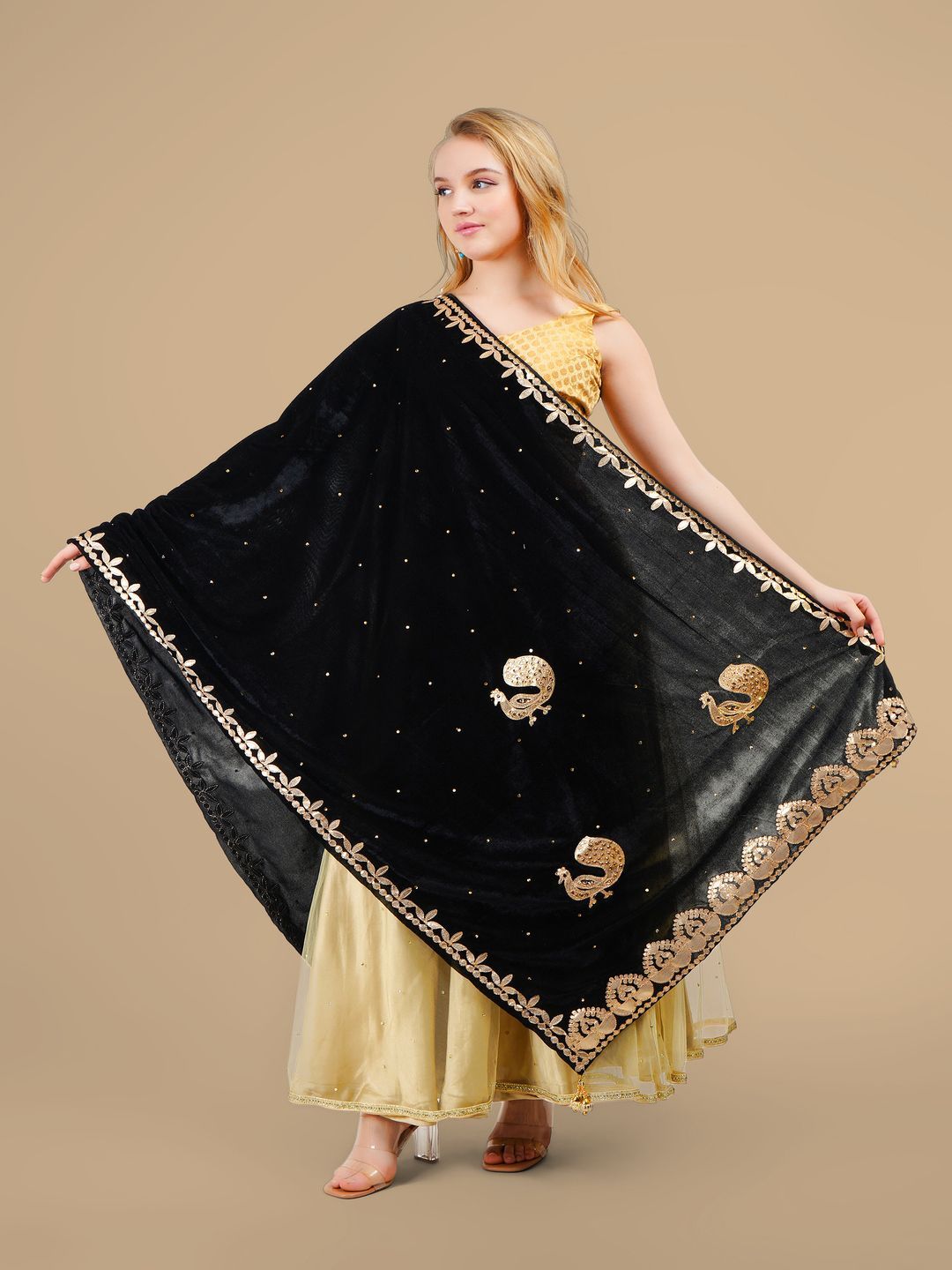 Karthav Fashion Ethnic Motifs Embroidered Velvet Dupatta With Gotta Patti