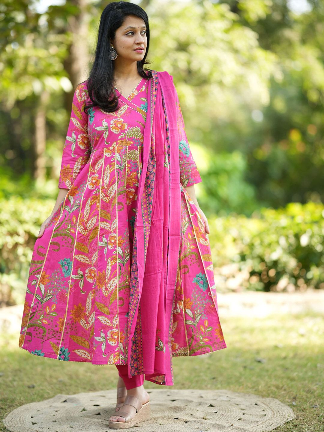 Dholkee Floral Printed Angrakha Pure Cotton Anarkali Kurta with Trouser & Dupatta