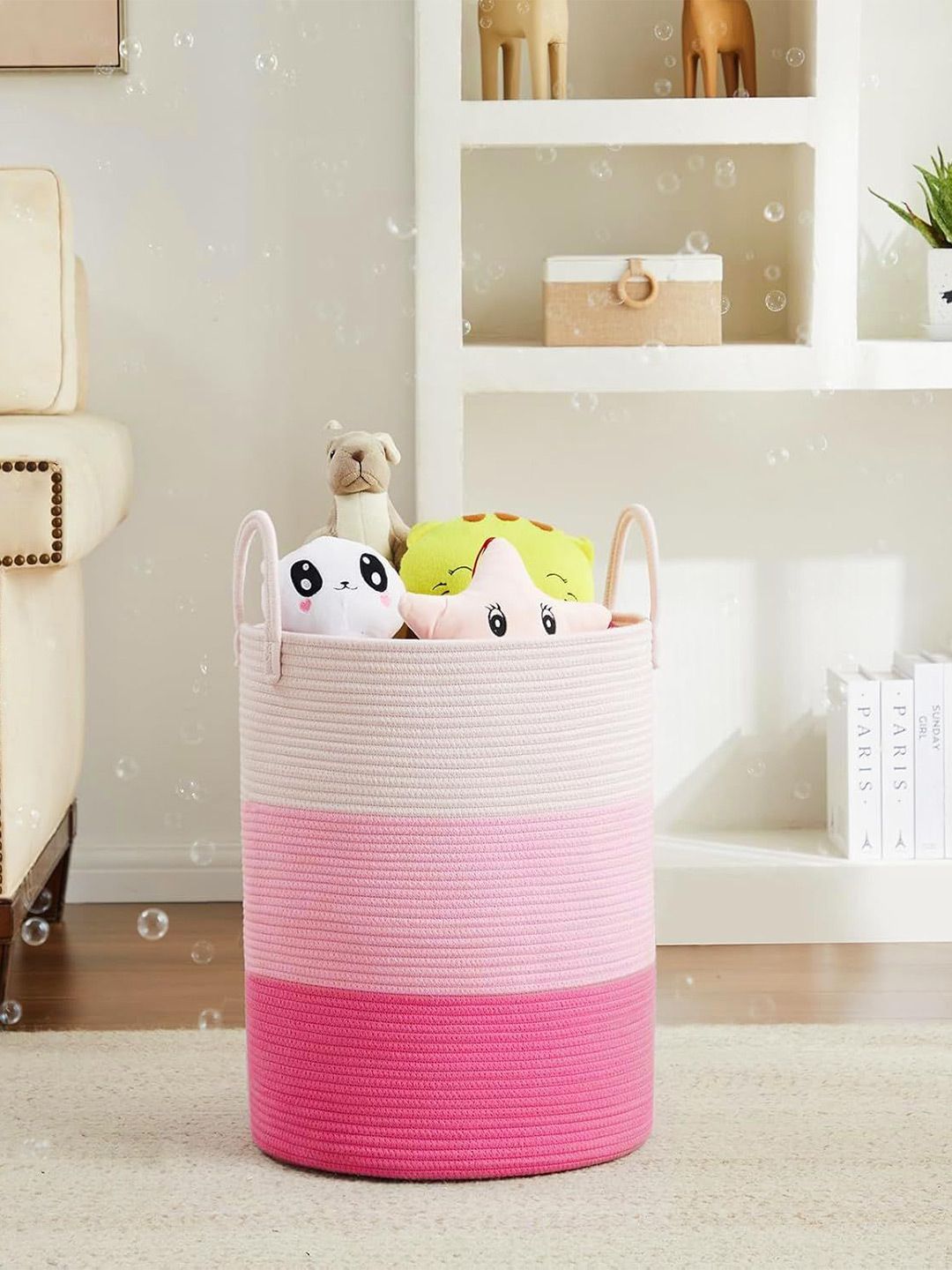 prettykrafts Pink & White Reusable Multi-Utility Jute Rope Laundr Organiser-50L