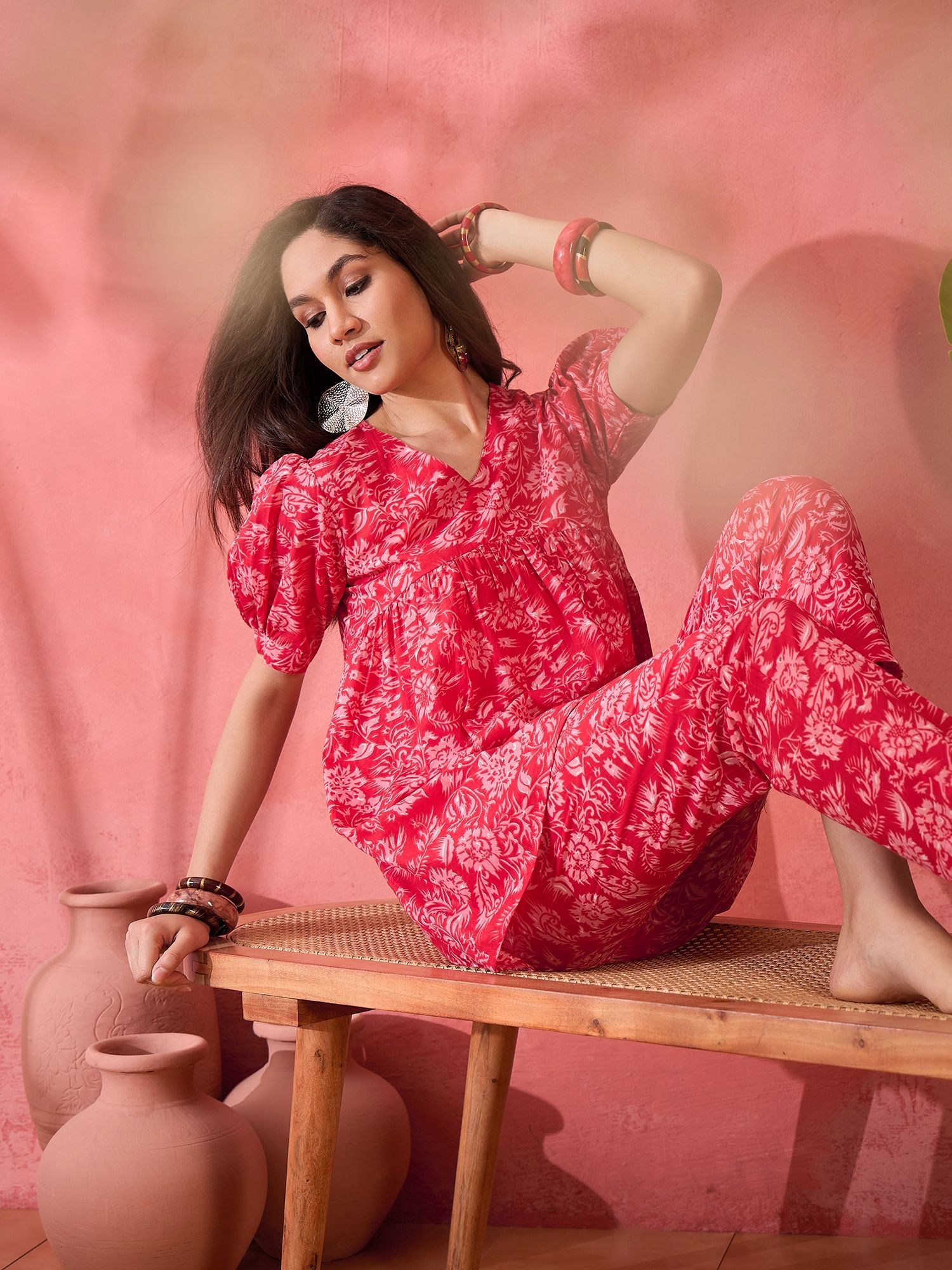 Sangria Printed Pure Cotton Short Sleeve Tunic & Trouser Co-Ords
