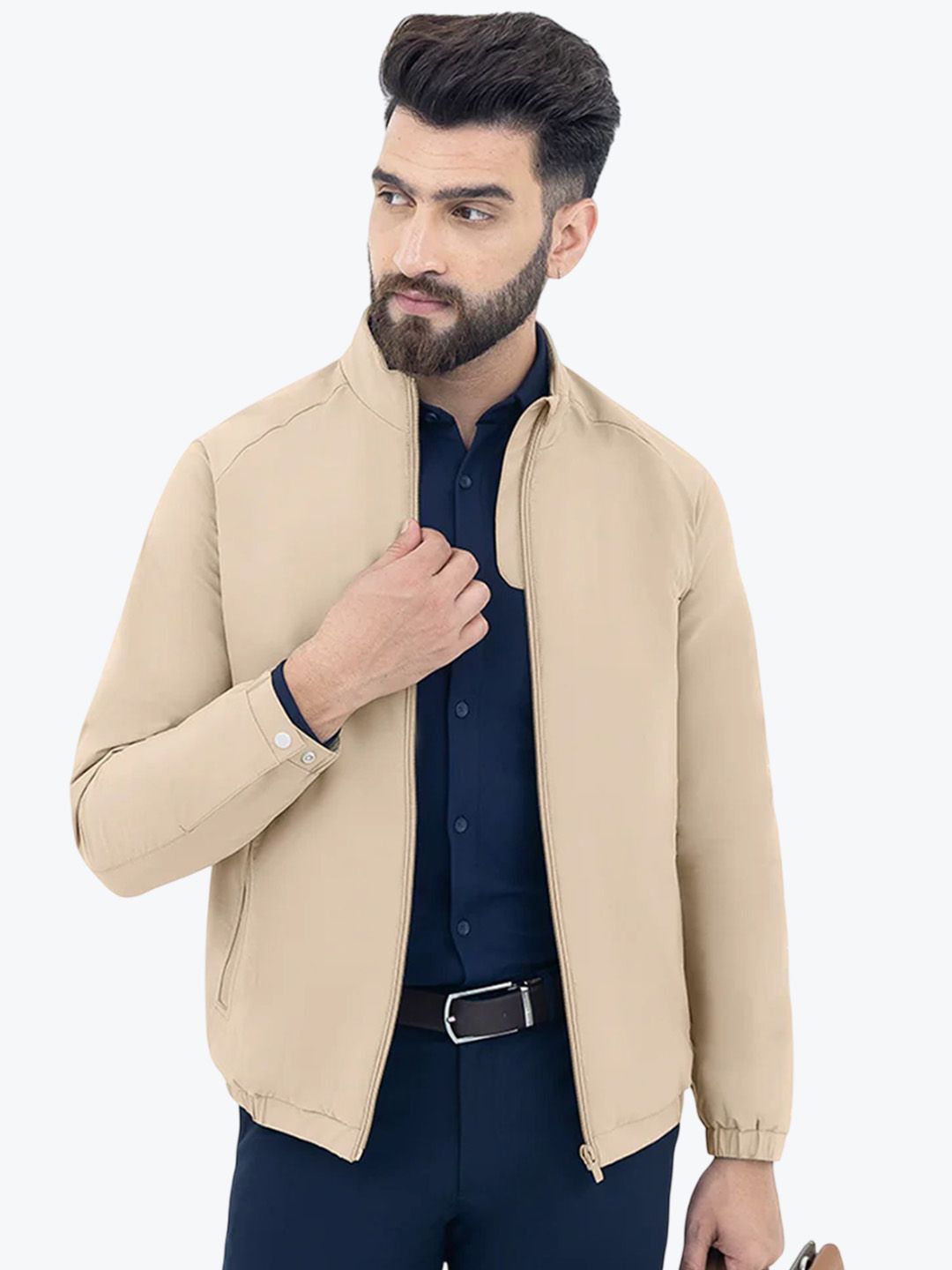 Harfun Men Mock Collar Solid Casual Water Resistant Bomber Jacket