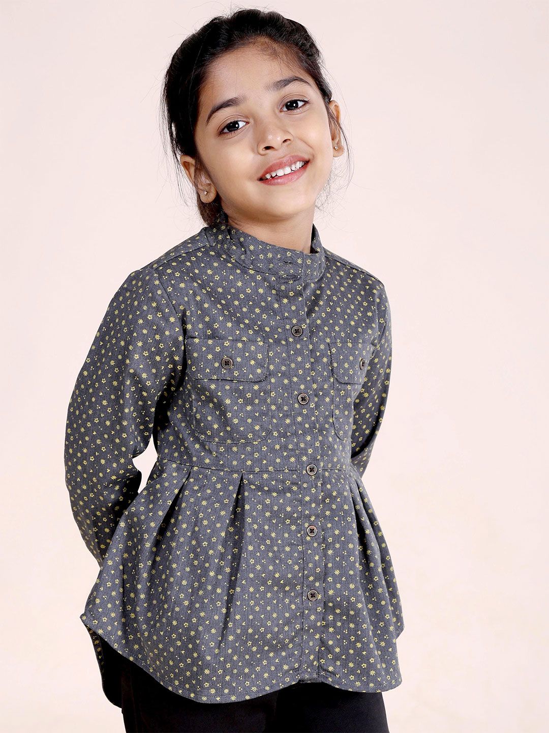 KiddoPanti Girls Floral Printed Mandarin Collar Cotton Peplum Top