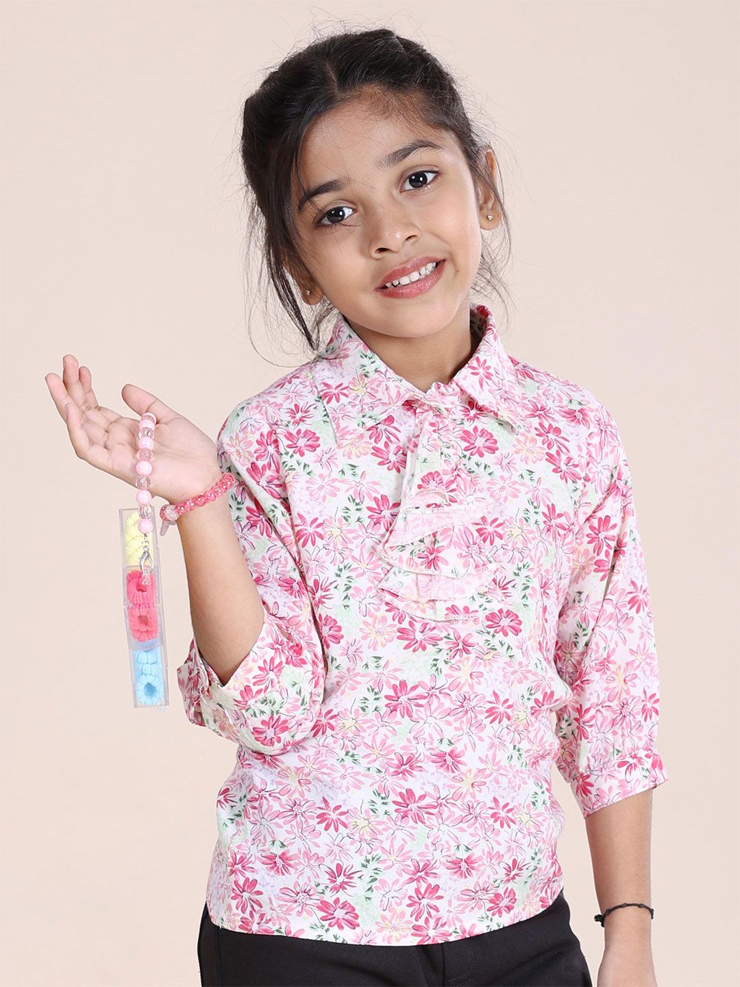 KiddoPanti Floral Printed Georgette Shirt Style Top