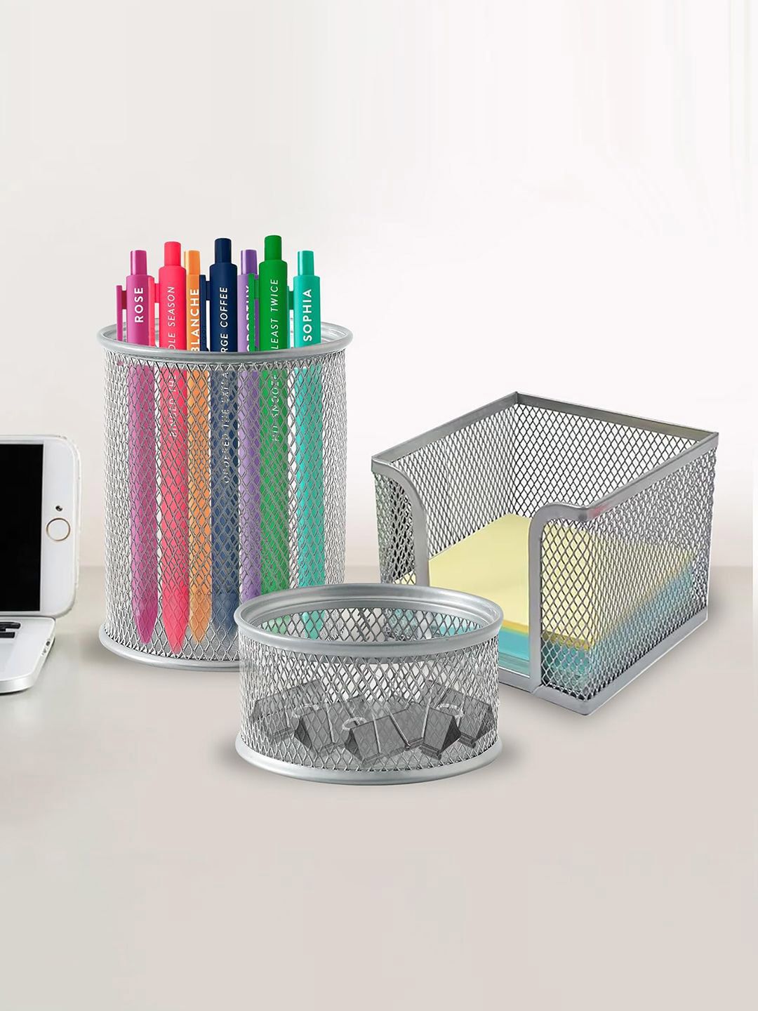 Kuber Industries Grey Set of 3 Mesh Metal Regular Desk Organisers