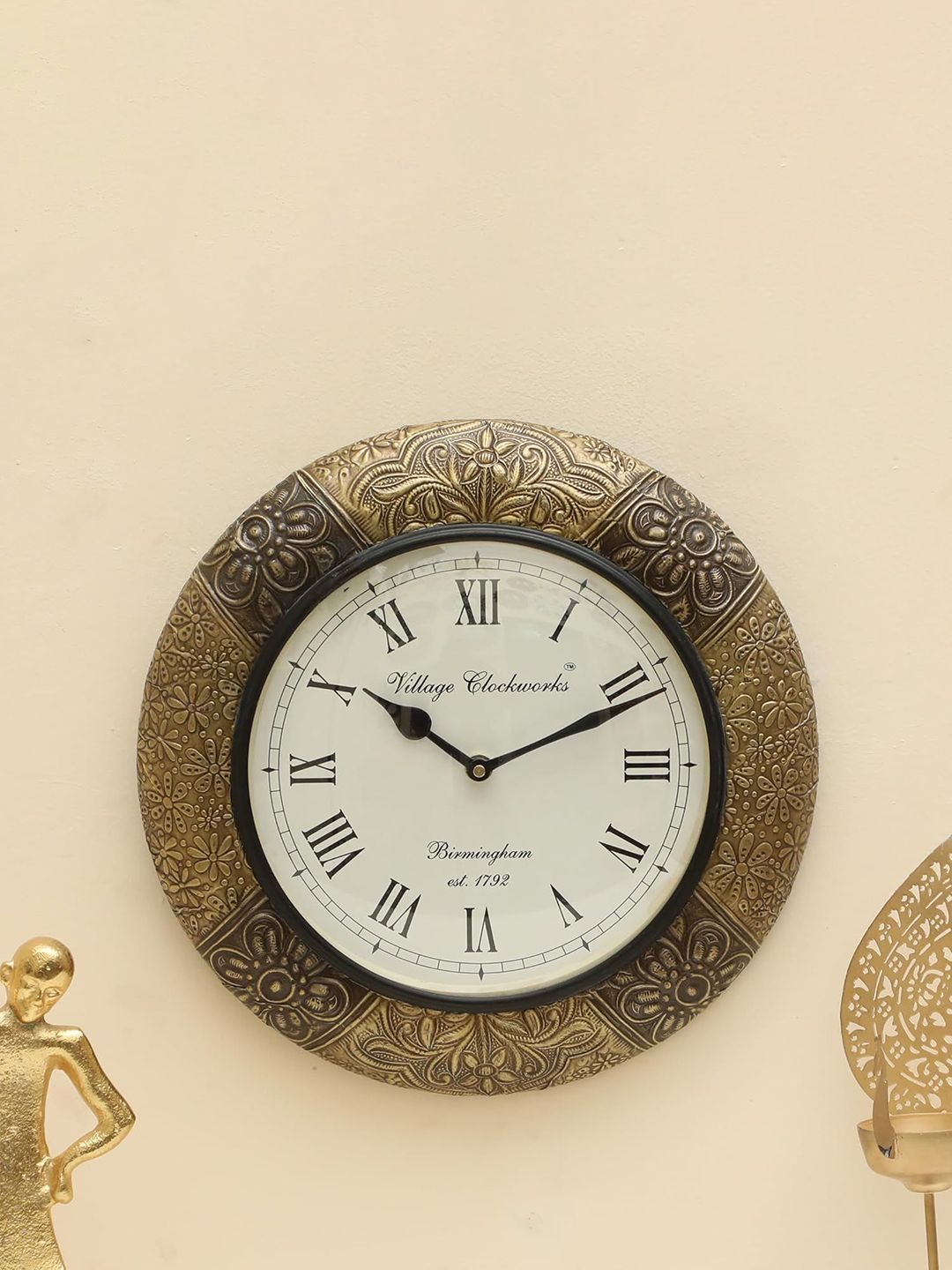 vedas C-Zeya Heritage Gold Wood Large Display Round Battery Analogue Wall Clock-30.5cm