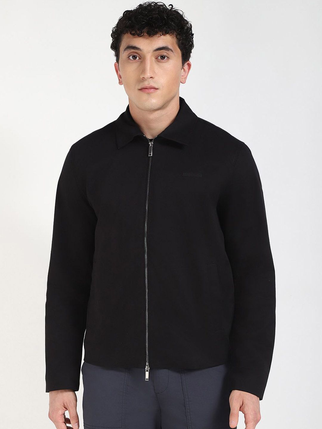 Calvin Klein Calvin Klein Men Spread Collar Solid Cotton Casual Bomber Jacket